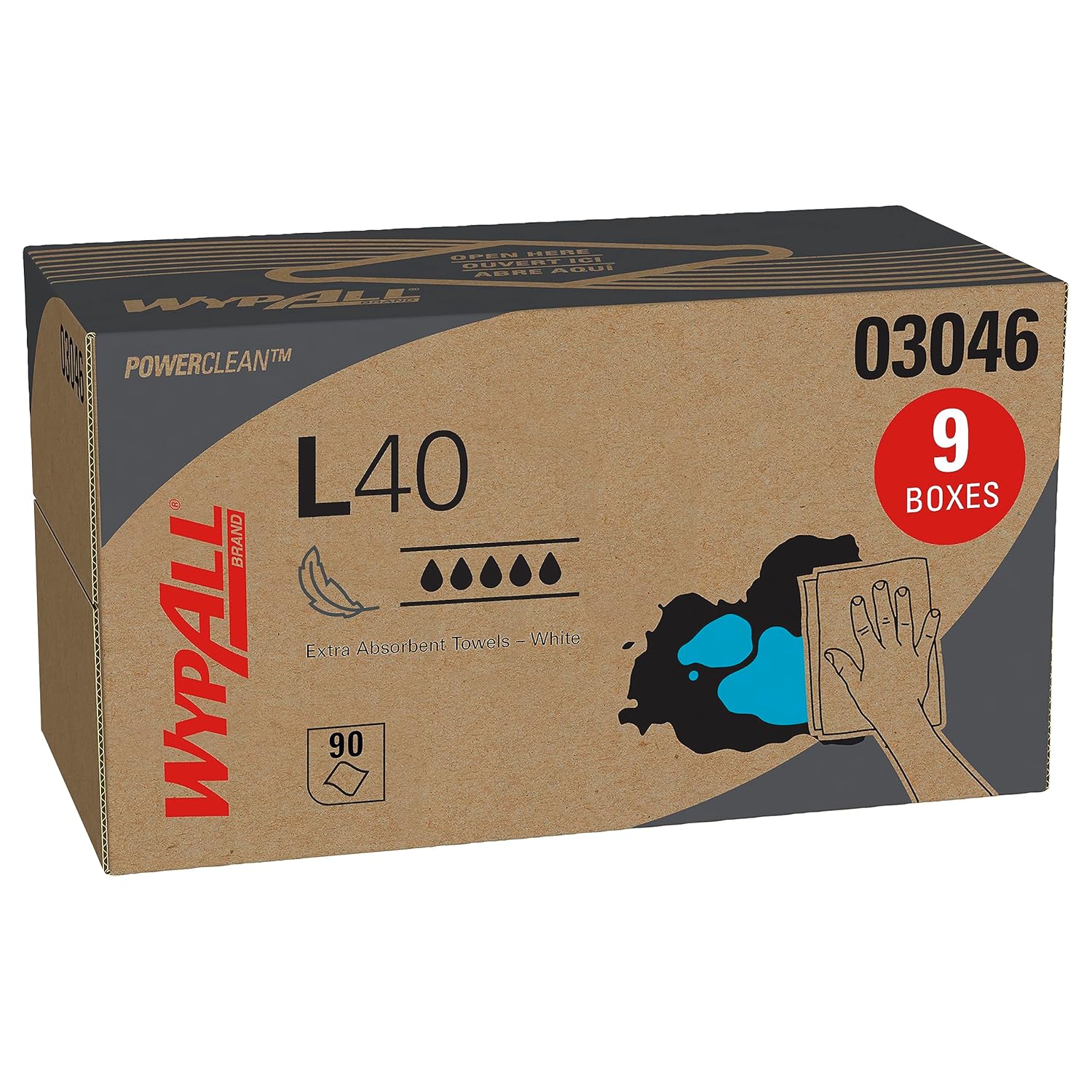 WypAll PowerClean L40 Cloths Extra Absorbent Wipes (03046), Pop-Up Box, Bulk Paper Wipers, White (9 Packs of 90 Sheets, 810 Sheet Total)