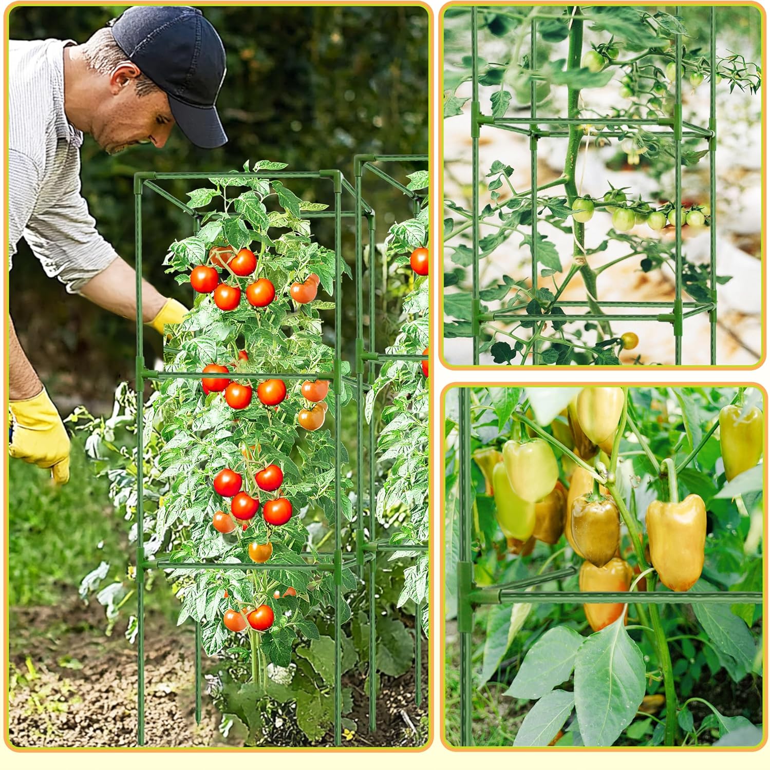 3 Pack Square Tomato Cages for Garden - 56 Inch Heavy Duty Tomato Plant Support Stakes, Sturdy Metal Core with Rust-Resistant Coating, Tomato Trellis for Raised Beds