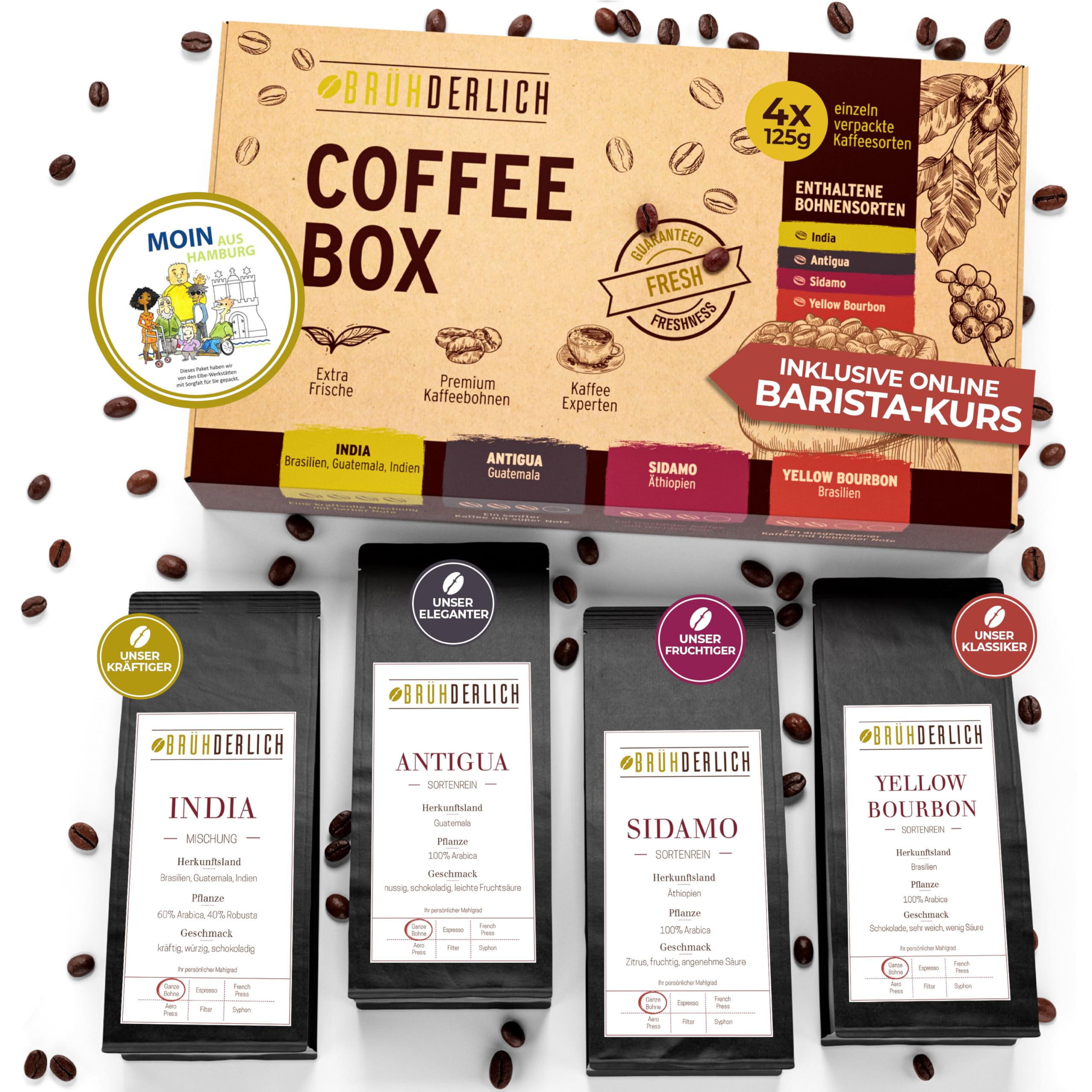 BRÜHDERLICH Kaffee Geschenkset 500g (4×125g) ganze Bohnen Premium Arabica Coffee Beans Geschenk für Kaffeeliebhaber
