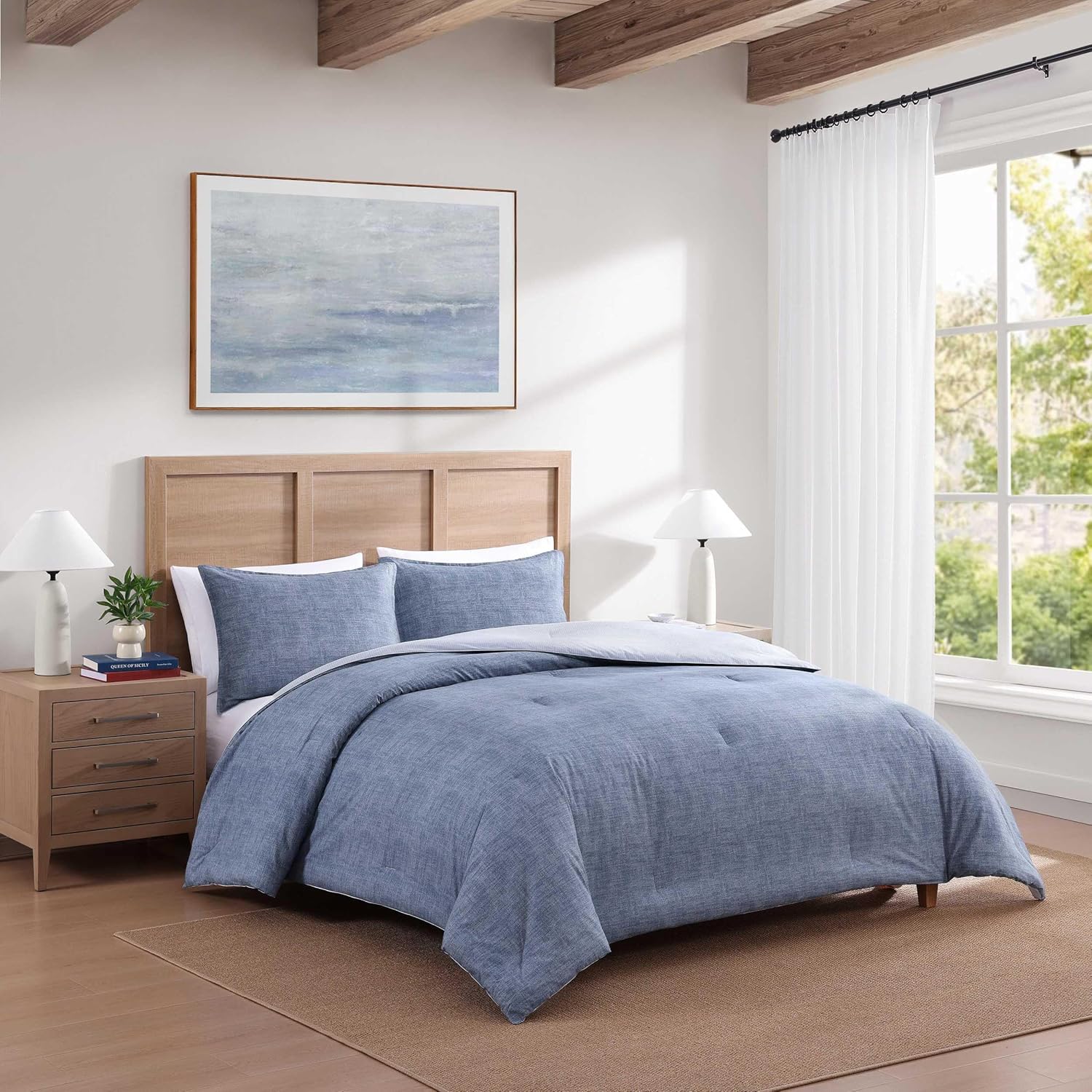 Tommy Hilfiger - Full/Queen Comforter Set, Textured Cotton Plain Weave Bedding with Matching Shams, Reversible, Medium Weight for Year-Round Use, Oeko-Tex Certified (Dark Blue)