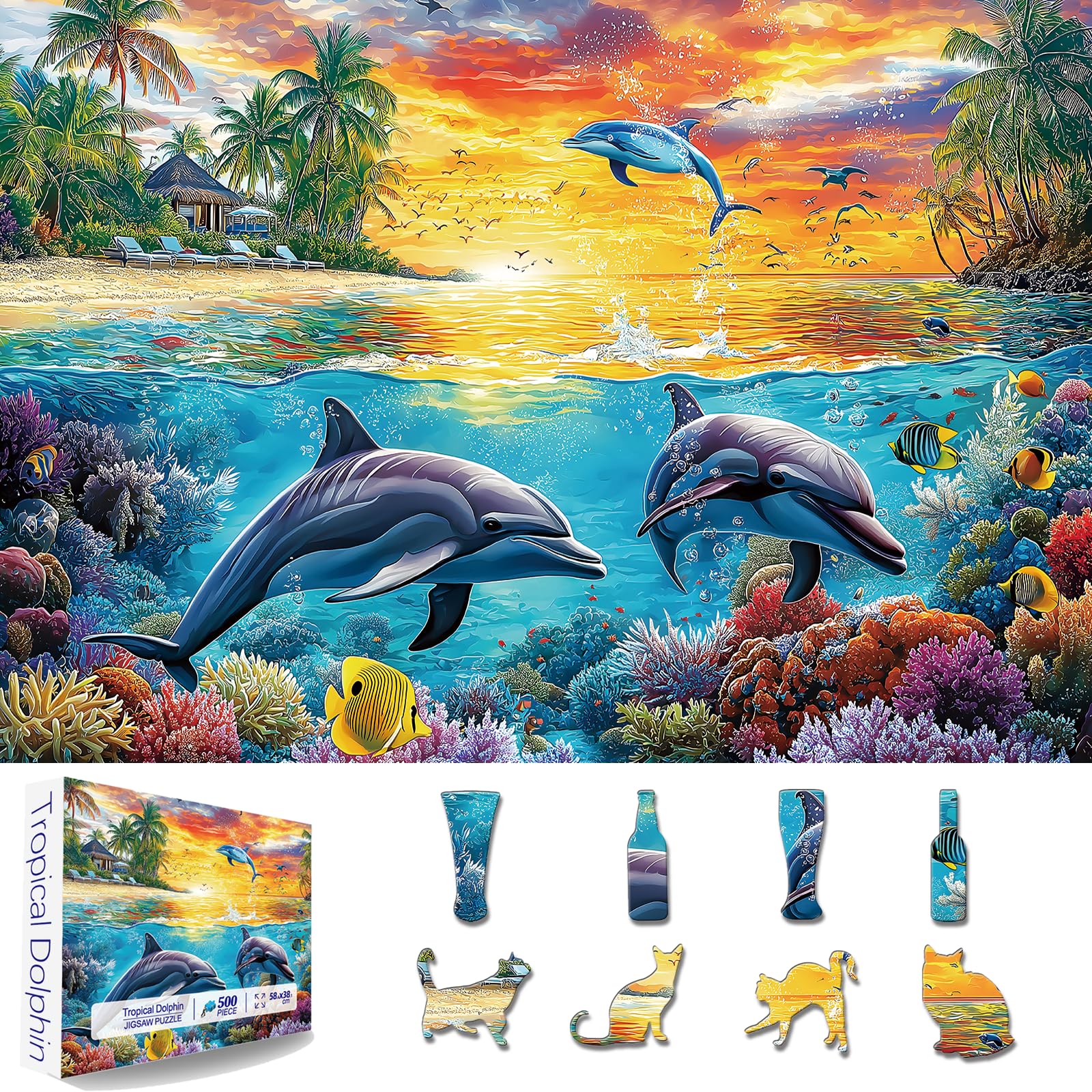 500 Piece Puzzles for Adults Clearance, Tropical Paradise Dolphins Ocean Sunset Scene, Difficult Jigsaw Puzzle Challenging, Art Puzzle for Gift Party Games Family Fun