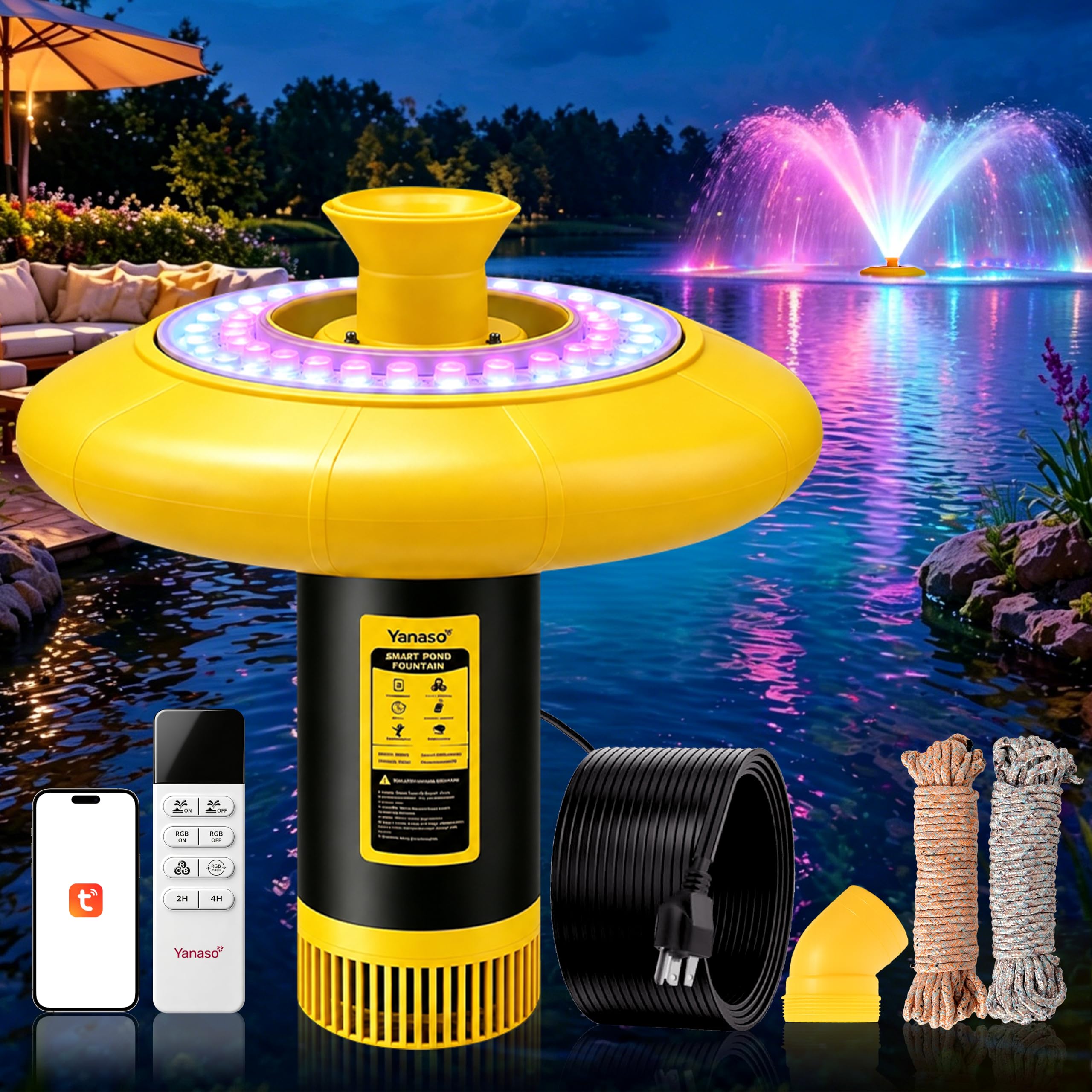 Pond Fountain Aerator with RGB Lights, 1HP 15000 GPH Floating Fountain Pump for Pond &amp; Lake, APP &amp; Remote Control, 110V 750W Water Circulation System, 100FT Cord, 2 Spray Patterns, Timer