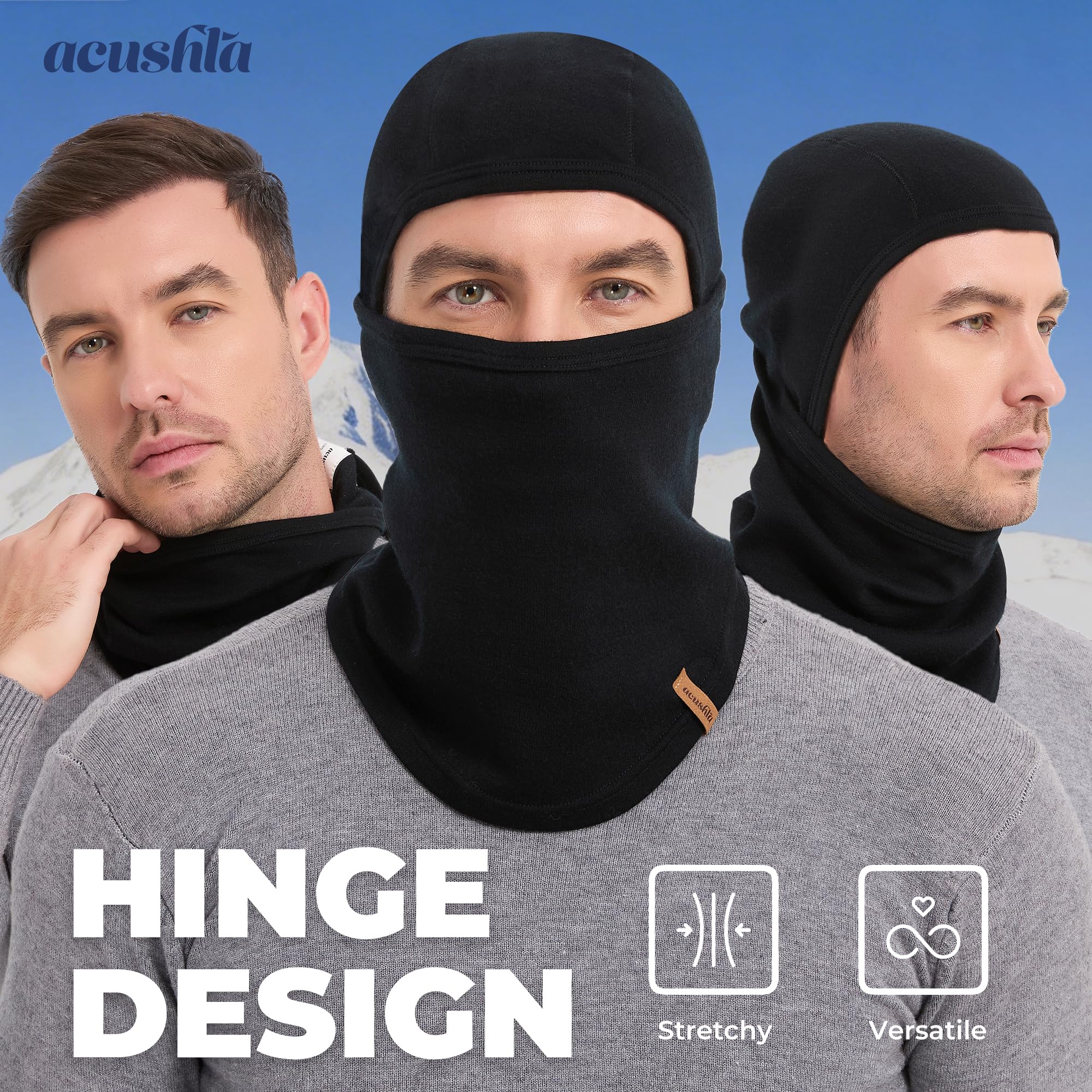 ACUSHLA 100% Merino Wool Balaclava for Men & Women - Winter Ski Mask Thermal Cold Weather Gear Knit Warm Face Mask for Motorcycle Running Snowboarding Fishing, Black - 5