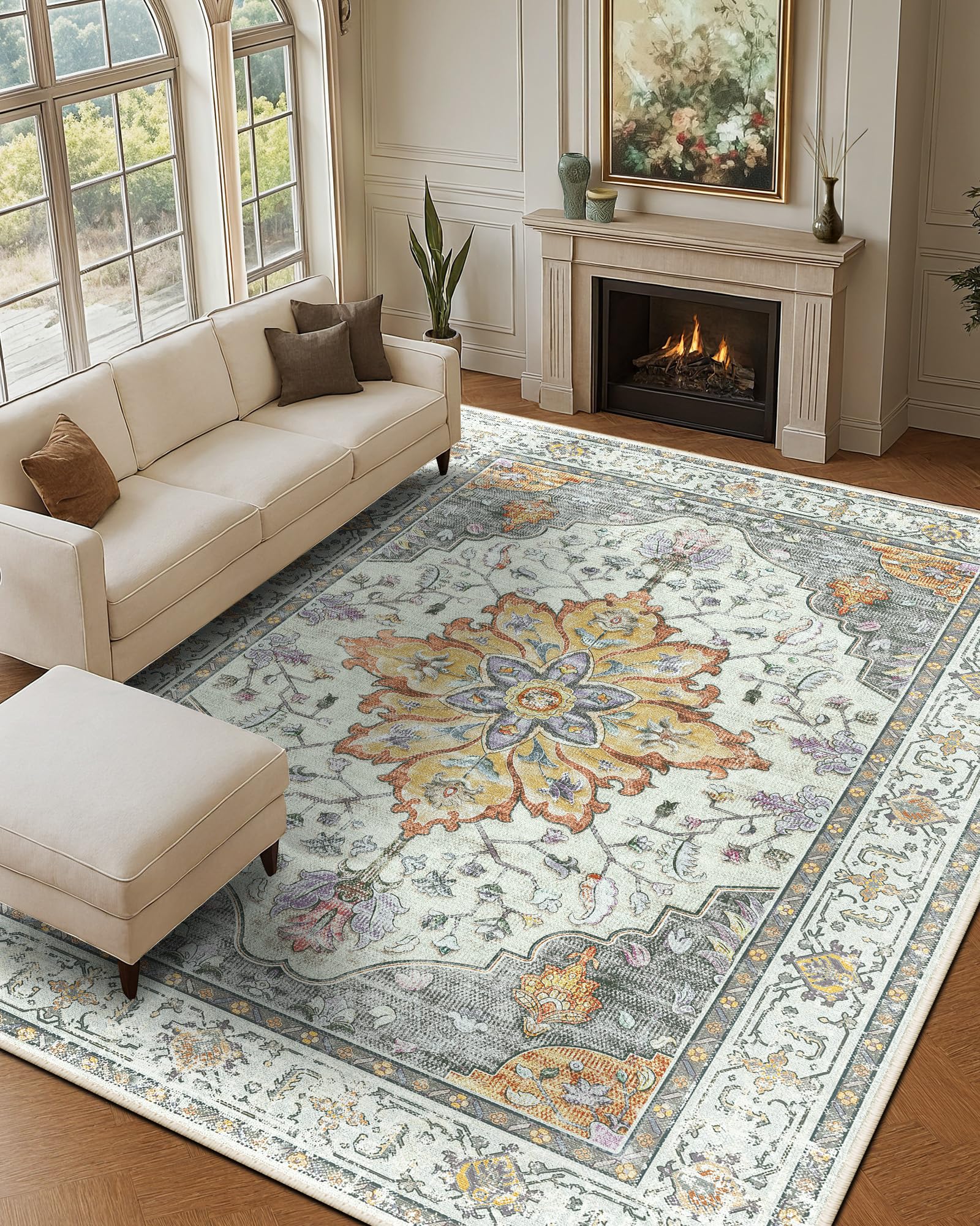 RELEANY Area Rugs 9'x12' Washable Non-Slip, Floral Vintage Distress ...