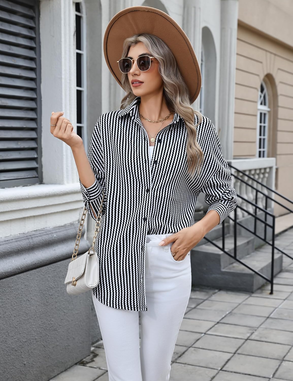 Fayenne Waffle Knit Button Down Shirts for Women Striped Long Sleeve Dressy Casual Tops Oversized Blouses Fall Outfits - Image 4