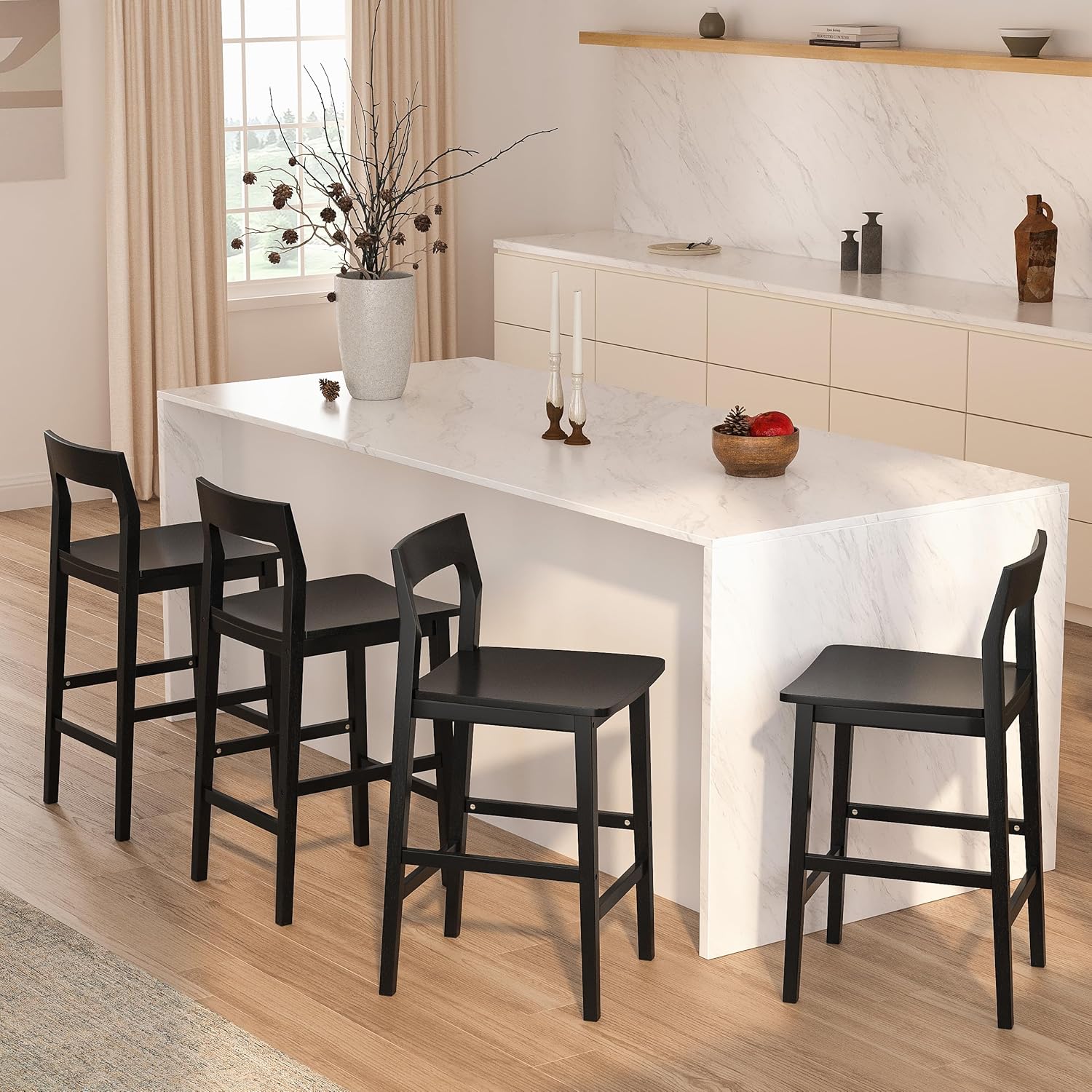 EYYTHUNG Basics Bar Stools Set of 2, Farmhouse 25” Counter Height Stools with Solid Wood Legs & Back, Mid Century Modern Barstools for Kitchen Island, Dining Room, Black