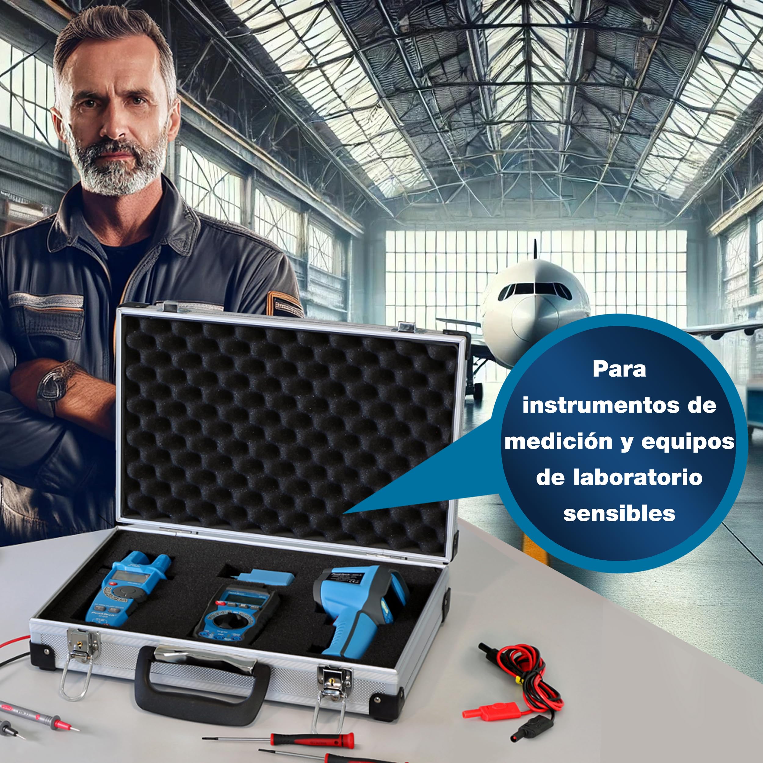 PeakTech 7260 – Estuche de transporte de aluminio resistente para instrumentos y herramientas de medición, acolchado de espuma, candado, de, a prueba de polvo, L - 370x80x230 mm