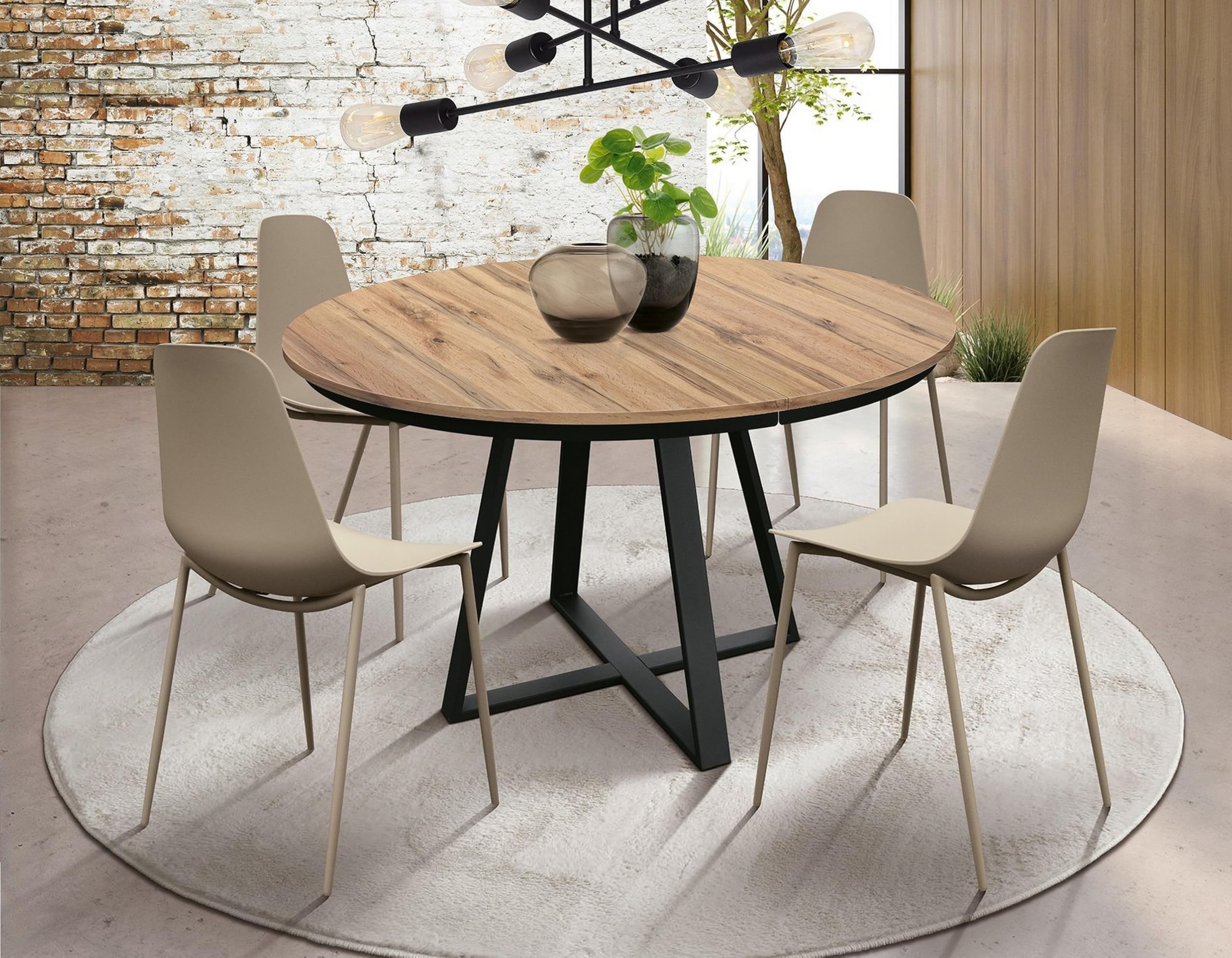 KONTE.DESIGN Tavolo rotondo PANTELLERIA in legno effetto rovere rustico con base a X in metallo antracite, allungabile ⌀120 cm - ⌀170 cm