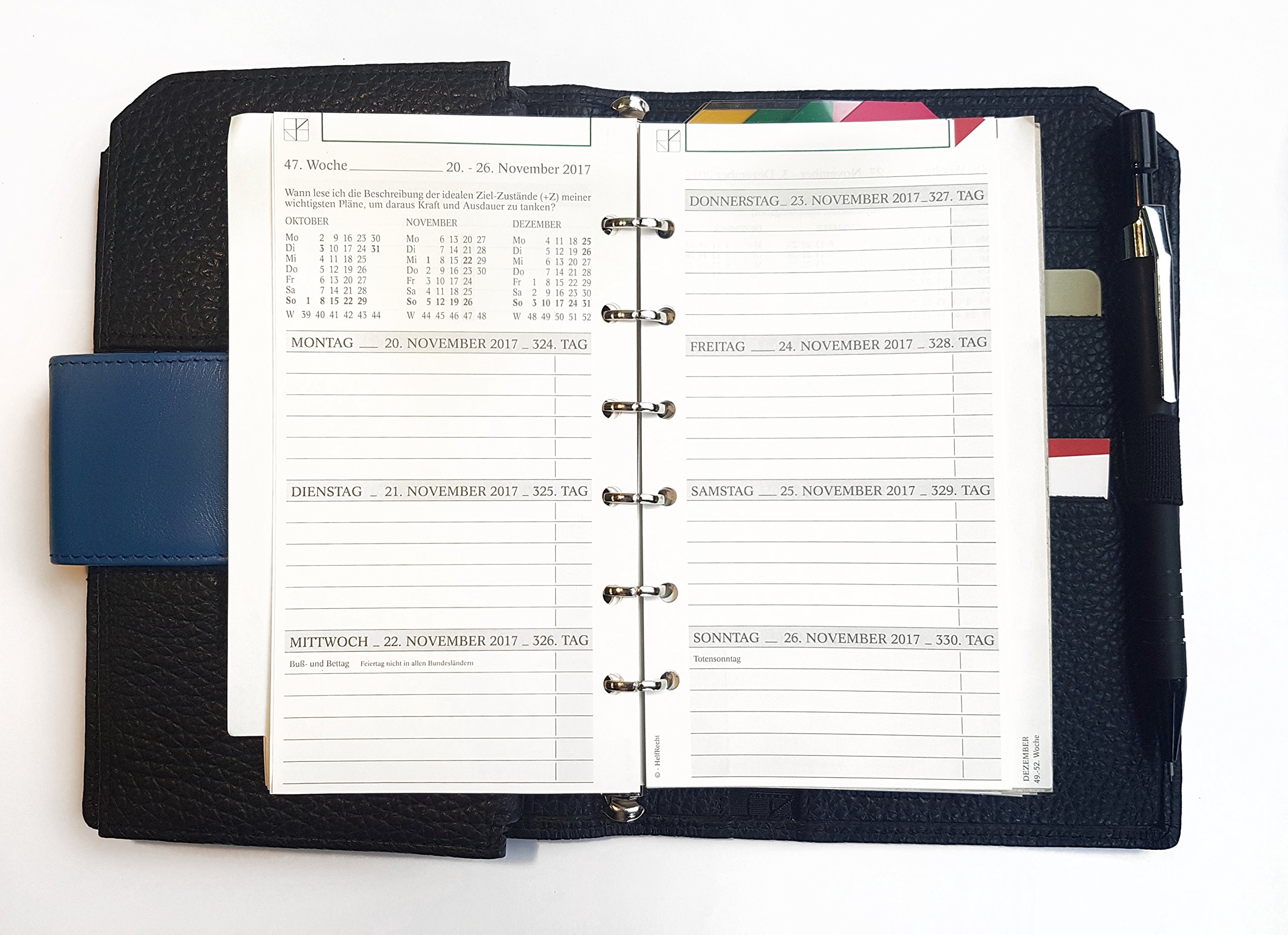 Ringbuch "Planer Plus E" aus Leder/Personal Organizer/Kalender bis Dez. 2024 /Handy-Tasche - schwarz - Lasche blau