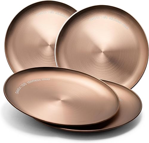 Miniatura 1 de Platos redondos de acero inoxidable 188 de metal  Juego de 4 platos de ensalada de 9 pulgadas aptos para lavavajillas de grado alimenticio para