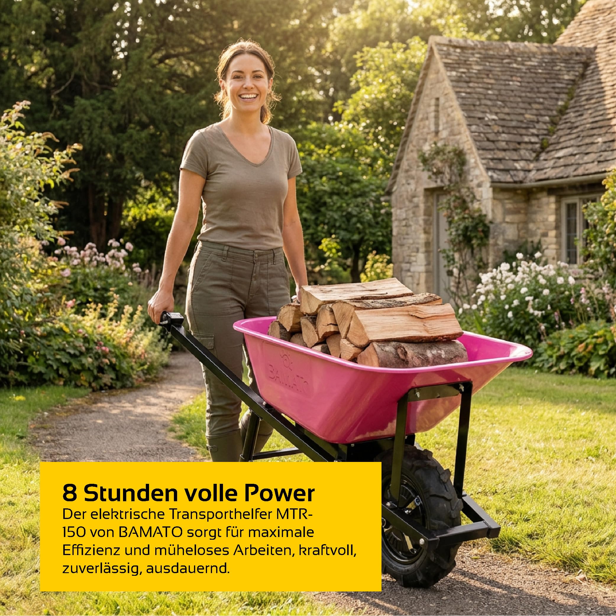 BAMATO Elektro-Schubkarre MTR-155 Pink Edition 150kg 75L Muldenschubkarre | Elektrische Muldenschubkarre mit 150kg Traglast | Stufenlos regelbar bis 6 km/h | Robustes 75L Volumen in stylischem Pink