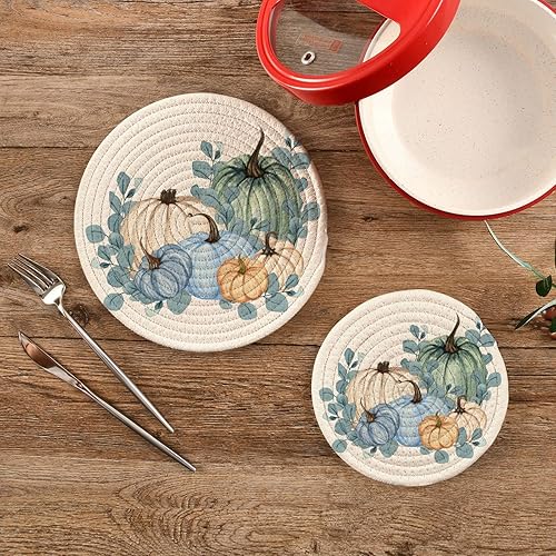 Miniatura 7 de Juego de 2 soportes para ollas de cocina de calabaza azul acuarela, juego de 2 alfombrillas de salvamanteles de temporada de otoño, 100% algodón,
