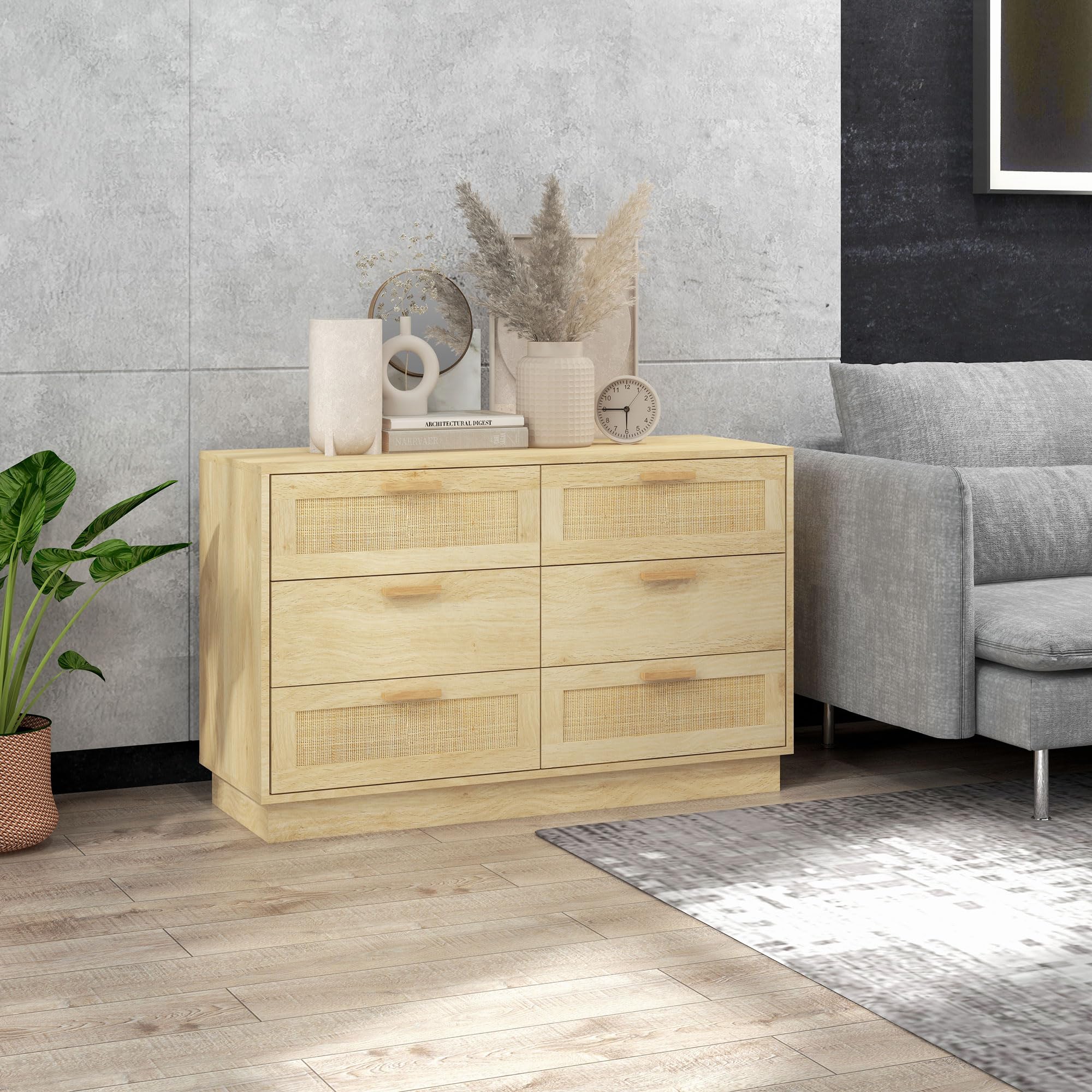 HOMCOM Commode 6 Tiroirs Commode Bois 110 x 40 x 69 cm Chêne | Meuble de Rangement, Style Bohème, Commode en Rotin, Chambre à Coucher, Salon, Entrée