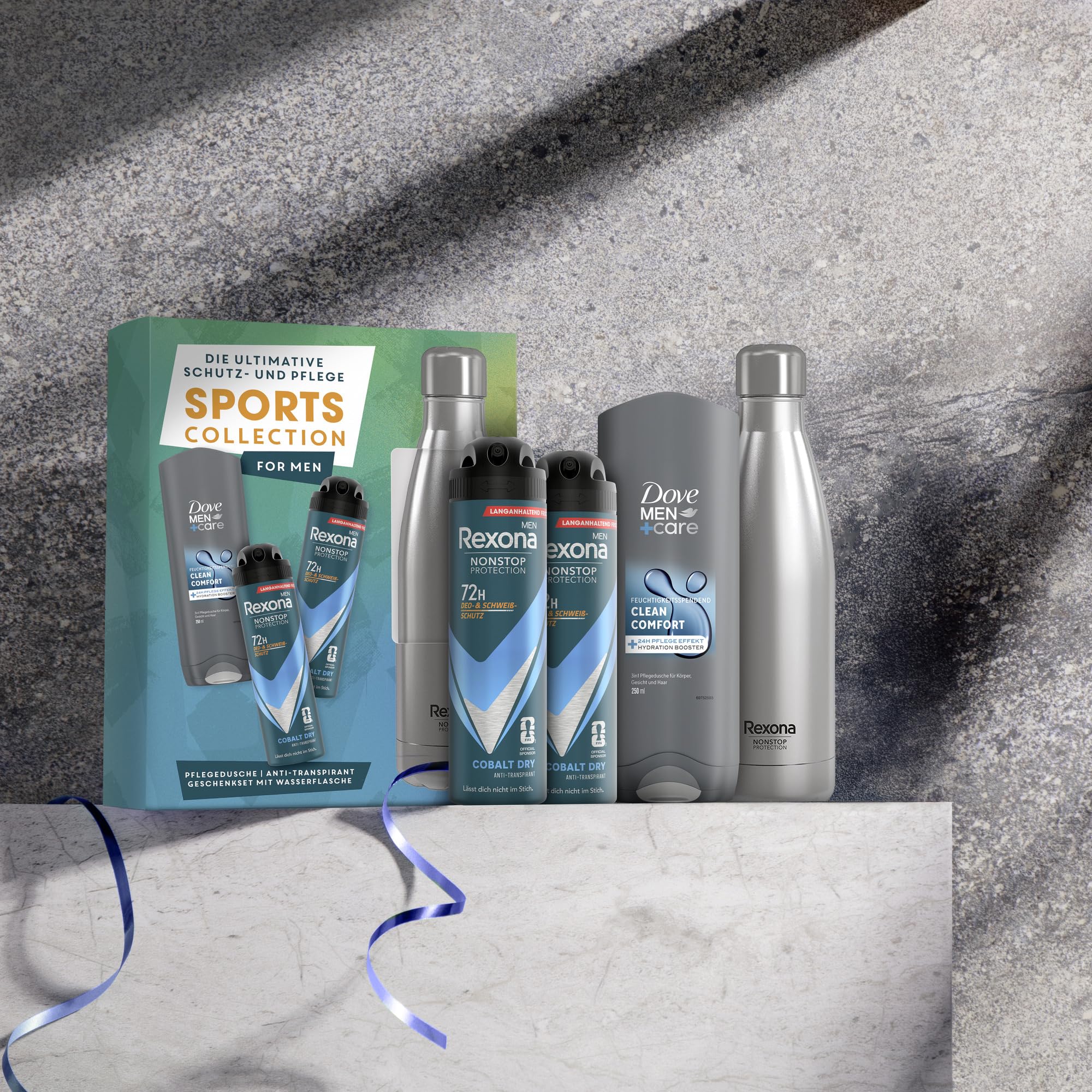 Rexona Geschenkset für Männer Sports Collection Pflegeset mit 2x Anti Transpirant (2x 150 ml), Pflegedusche (250 ml) und einer Trinkflasche aus Edelstahl (750 ml)