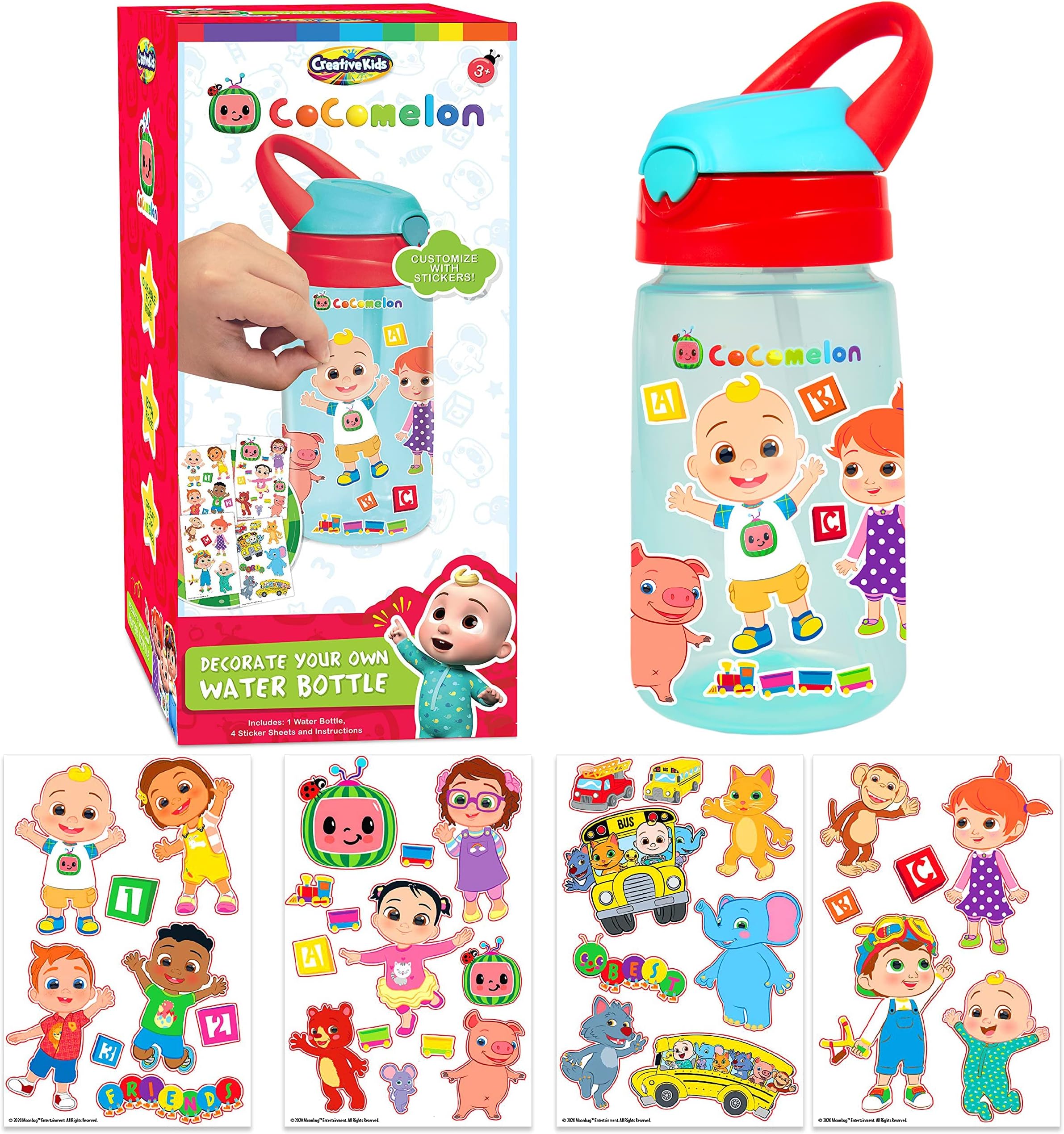 Cocomelon Decorate Your Own Water Bottle BPA Free with 4 Sheets of Stickers - Leak-Proof, Pop-Up Spout Cover - Easy to Grip School or Travel Bottle Gift for Boys & Girls Age 3+