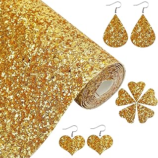 Gold Chunky Glitter Faux Leather Roll 12 x 52 inch Shiny Solid Color Fall Fabric for Princess Bows Crafts Earrings (16013#13)