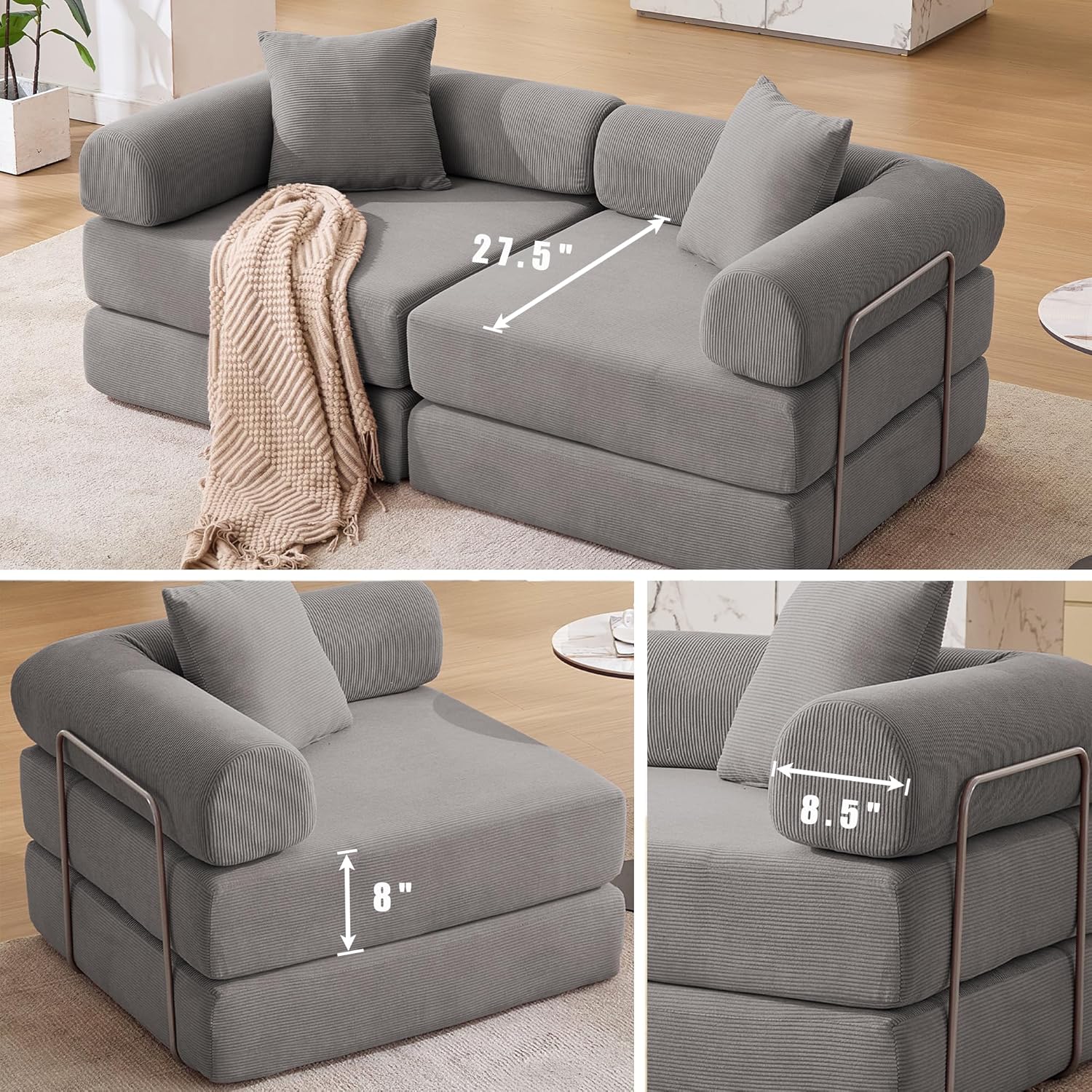 73" Convertible Sleeper Sofa Bed with Fixed-Shape Frame, Corduroy Modular Folding Loveseat Couch with 2 Pillows, Modern Floor Sofa Couch for Living Room, No Assembly, Dark Gray