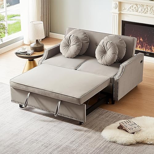 3-in-1 Convertible Sleeper Sofa Bed, 54.7" Loveseat Couch Pull Out Bed with USB Ports, Adjustable Backrest, 4 Floral Lumbar Pillows for Living Room, Small Apartment, Coffee