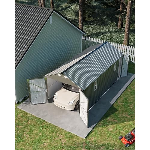 Garvee 10x20 ft Enclosed Metal Carport, Car Port with Vertical Steel Roof for All-Weather Use, Metal Shed with Man Door for Sedans & SUV, Gray