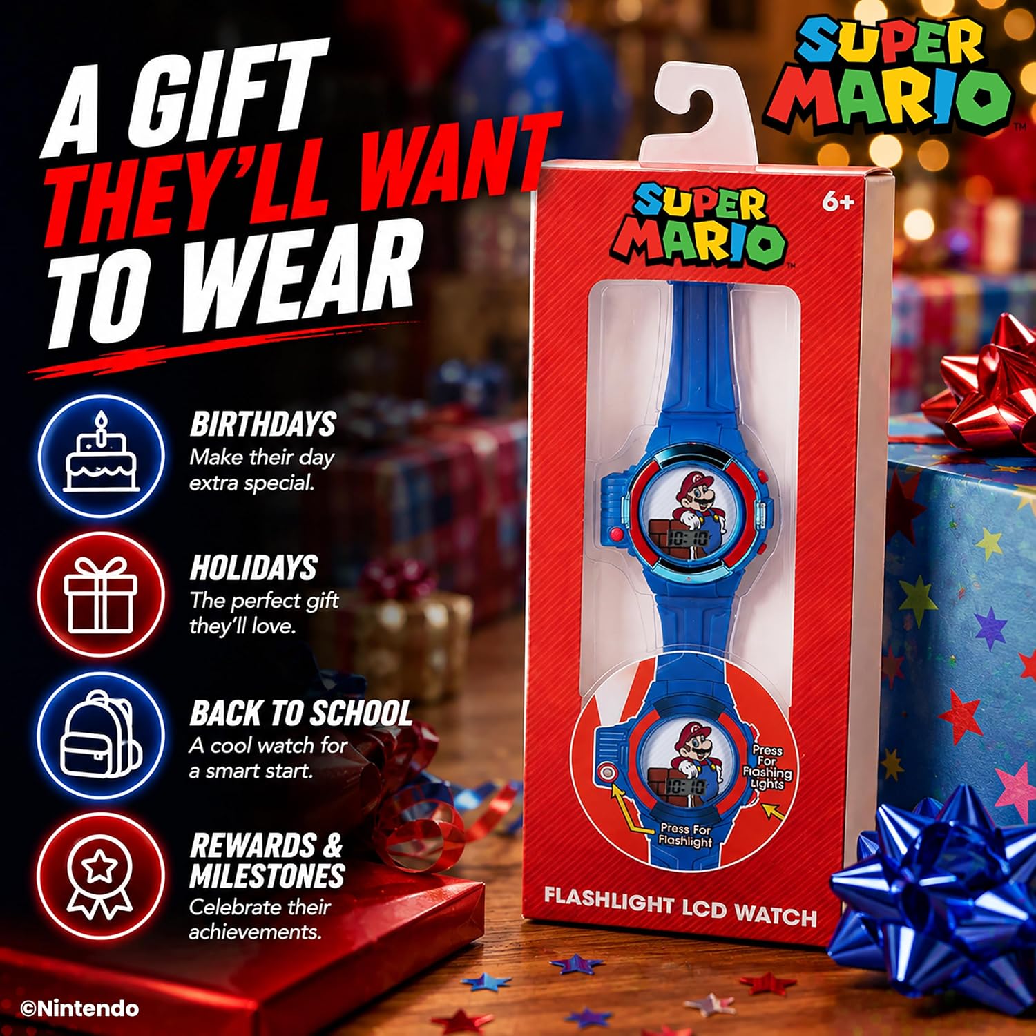 Nintendo Super Mario Kids LCD Watch with Flashlight and Flashing Lights
