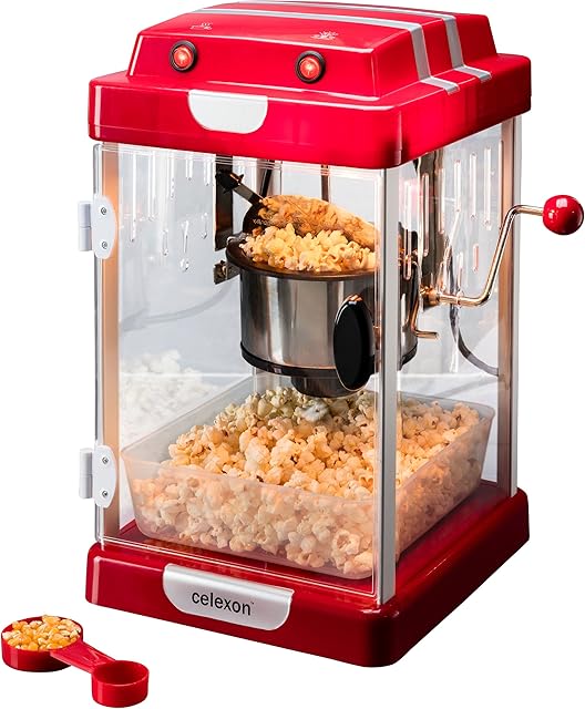 celexon CinePop CP1000 Popcorn-Machine - Red-Retro/Cinema-Design- Stainless Steel - Popcorn-Maker Integrated Stirrer - 24,5x28x43cm
