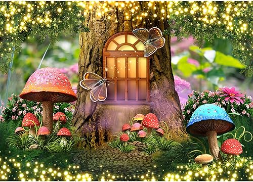 Miniatura 3 de Vinilo de 7 x 5 pies, diseño de hongos del bosque encantado, casa de árbol de cuento de hadas, tema de cumpleaños, decoración perfecta para fiesta,