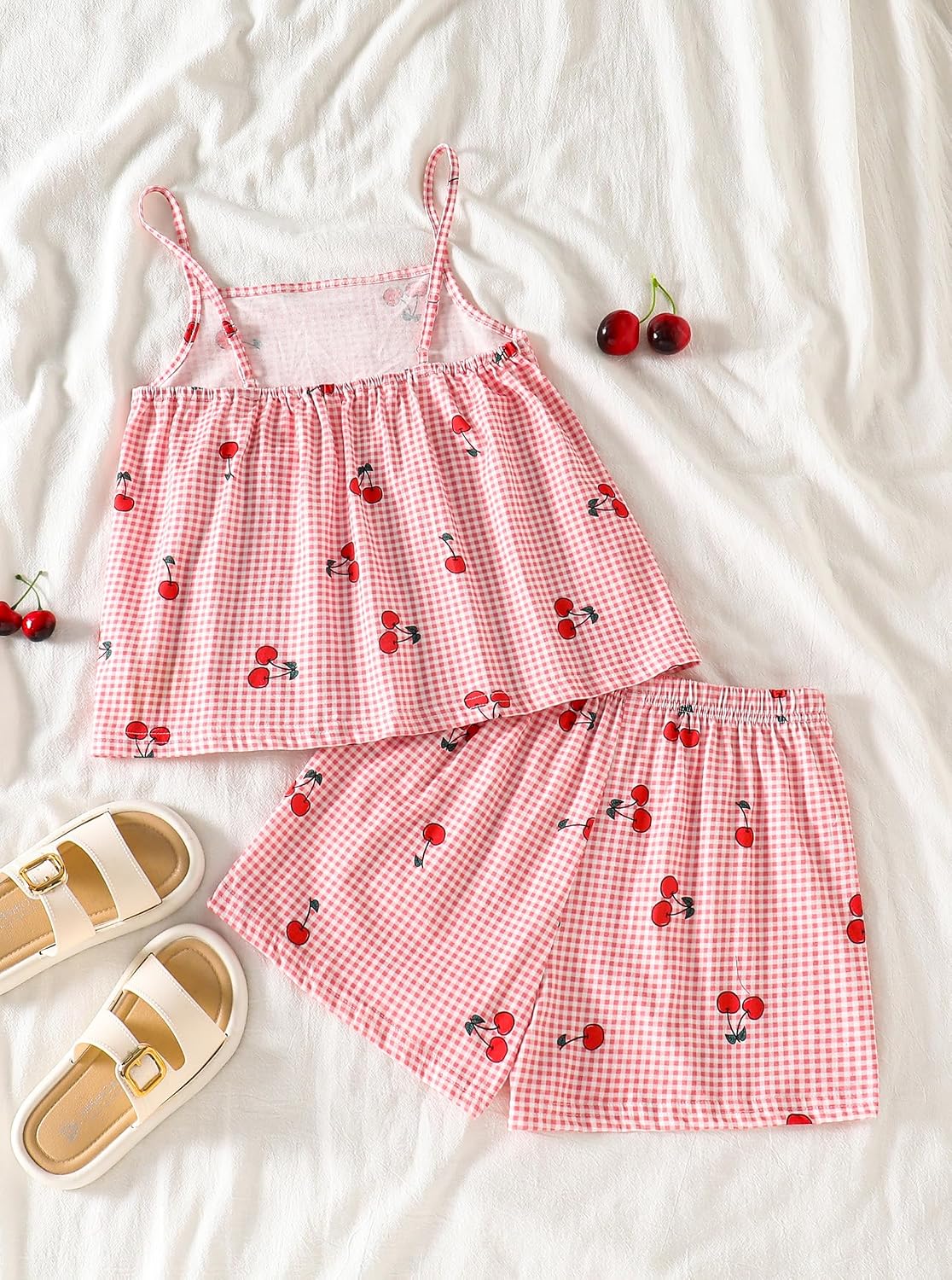 Girls 2 Piece Summer Outfits Cute Plaid Smocked Cherry Sleeveless Camisole Top and Shorts Set