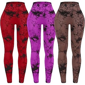 OVESPORT 3 Pack Tie Dye Seamless High Waisted Workout Leggings for Women Scrunch Butt Lifting Yoga Gym Athletic Pants Medium Red/Rose/Brown