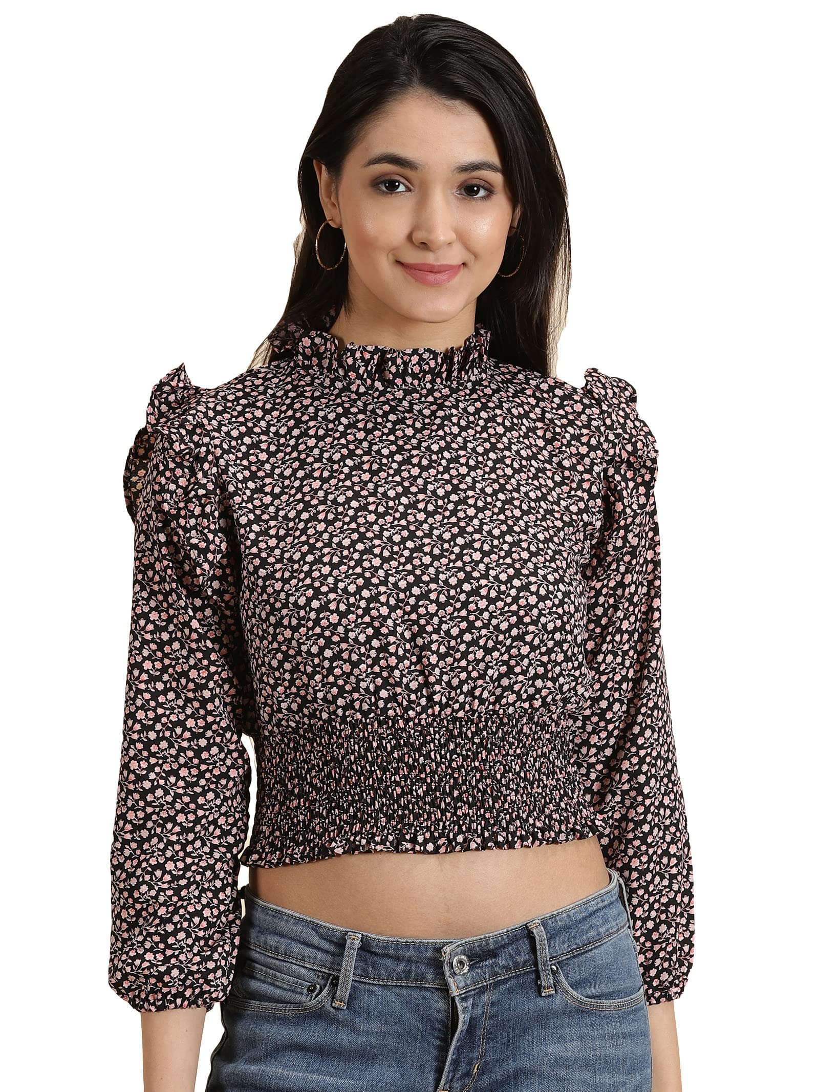 Women's Printed High Neck Black Cinched Waist Crop Top-AE-10622_BlackPeach