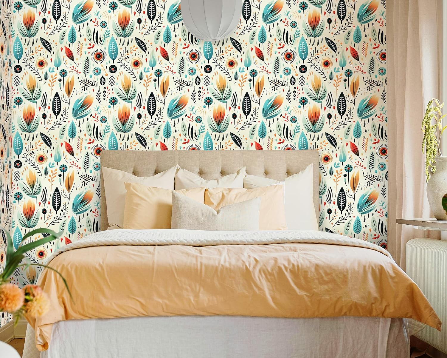 FLFK Boho Vintage Wallpaper Peel and Stick 16" x 384" Abstract Leaves and Flowers Removable Wall Paper for Kitchen Bathroom Bedroom Dining Room Accent Wall Decor