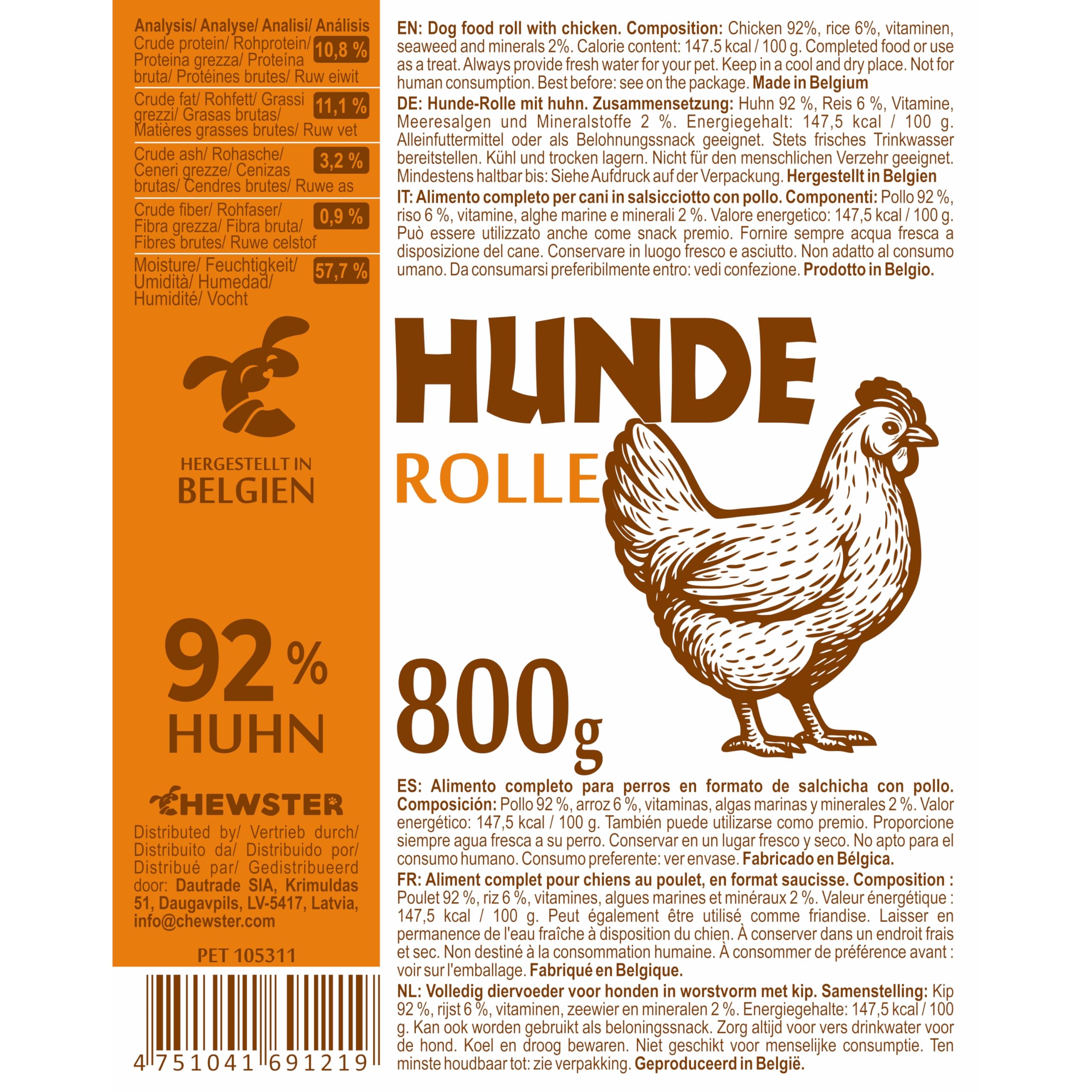 Mix Hundewurst schnittfest – 1 x Huhn, 1 x Ente, 1 x Lamm, 1 x Rind – Hunde-Rolle 4 x 800g (3,2kg) – getreidefreies Hundefutter mit hohem Fleischanteil – Nassfutter