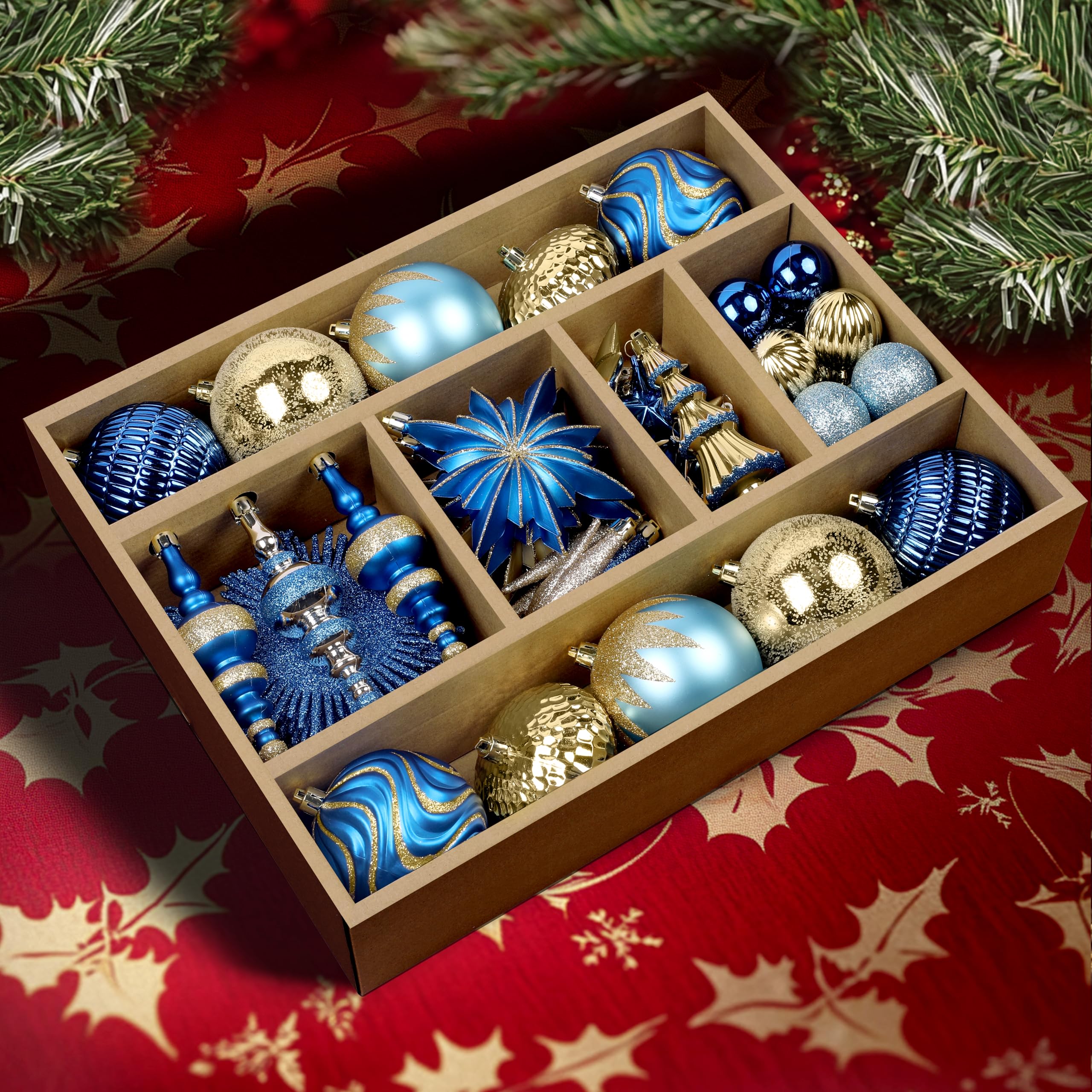 Alupssuc 80pcs Weihnachtskugeln Kunststoff Set,Bruchsichere Plastik Weihnachtsschmuck für Weihnachtsbaum Urlaub Hochzeit Party Dekorationen mit Hängenden Schnüre Moderner Leichter Luxus Blau und Gold