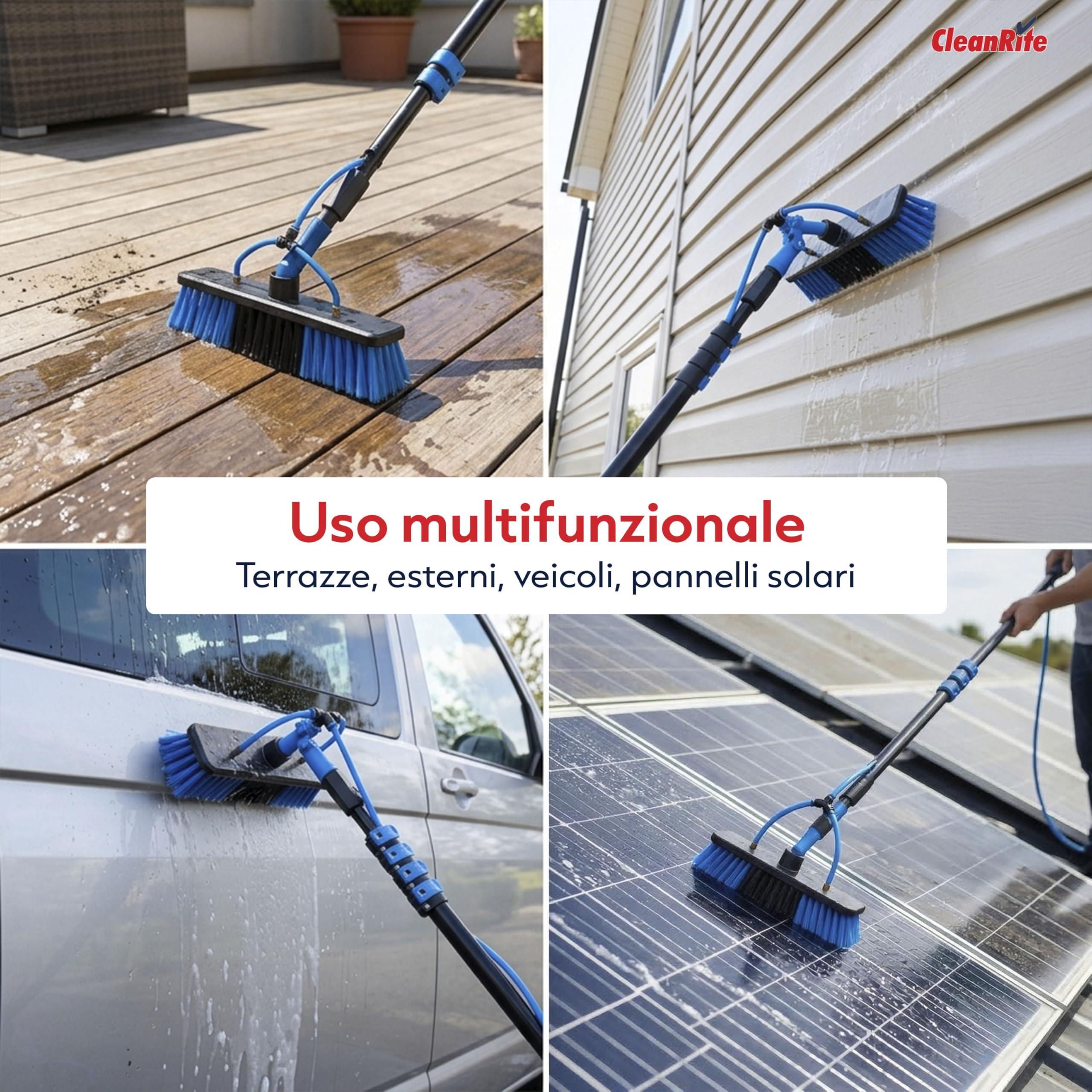 CleanRite® Asta Telescopica 4,7 m | Spazzola Lavaggio Telescopica con Attacco Acqua | Testa Regolabile con Serbatoio Sapone | Pulizia Auto, Vetri, Pannelli Fotovoltaici | Nero