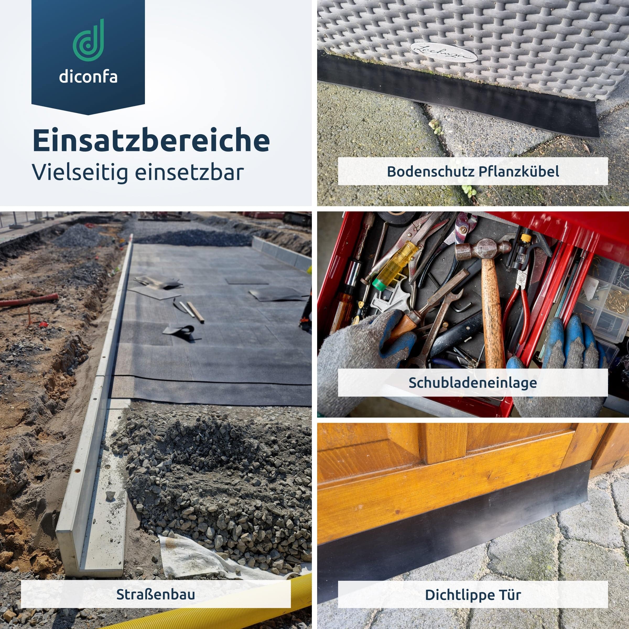diconfa Gummimatte BREITE 400mm (40cm) - WÄHLBAR - Dicke: 1 bis 10mm - LÄNGE: 0,05 bis 10m - Auswahl: 5000mm (500cm) lang, 5mm stark - Gummistreifen Meterware schmal Gummiunterlage Gummiplatte