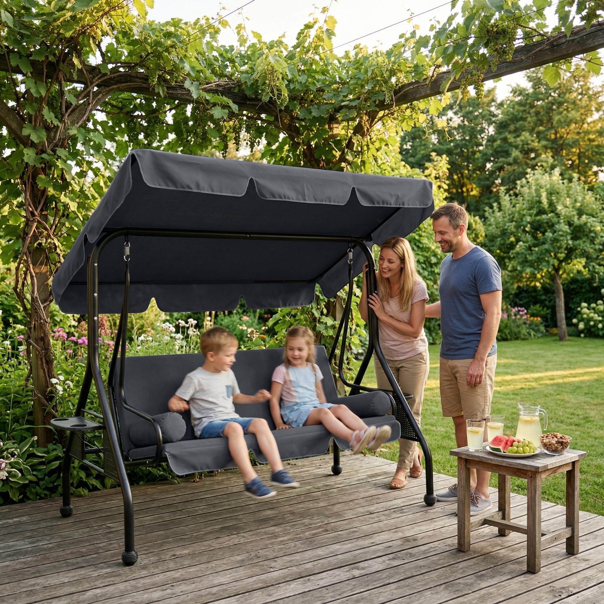 3-Sitzer Hollywoodschaukel mit Liegefunktion, Gartenschaukel mit Sonnendach, Outdoor Schaukelbank bis 350kg belastbar, Garten Schaukel für Garten, Terrasse, Balkon, Pool, Anthrazit