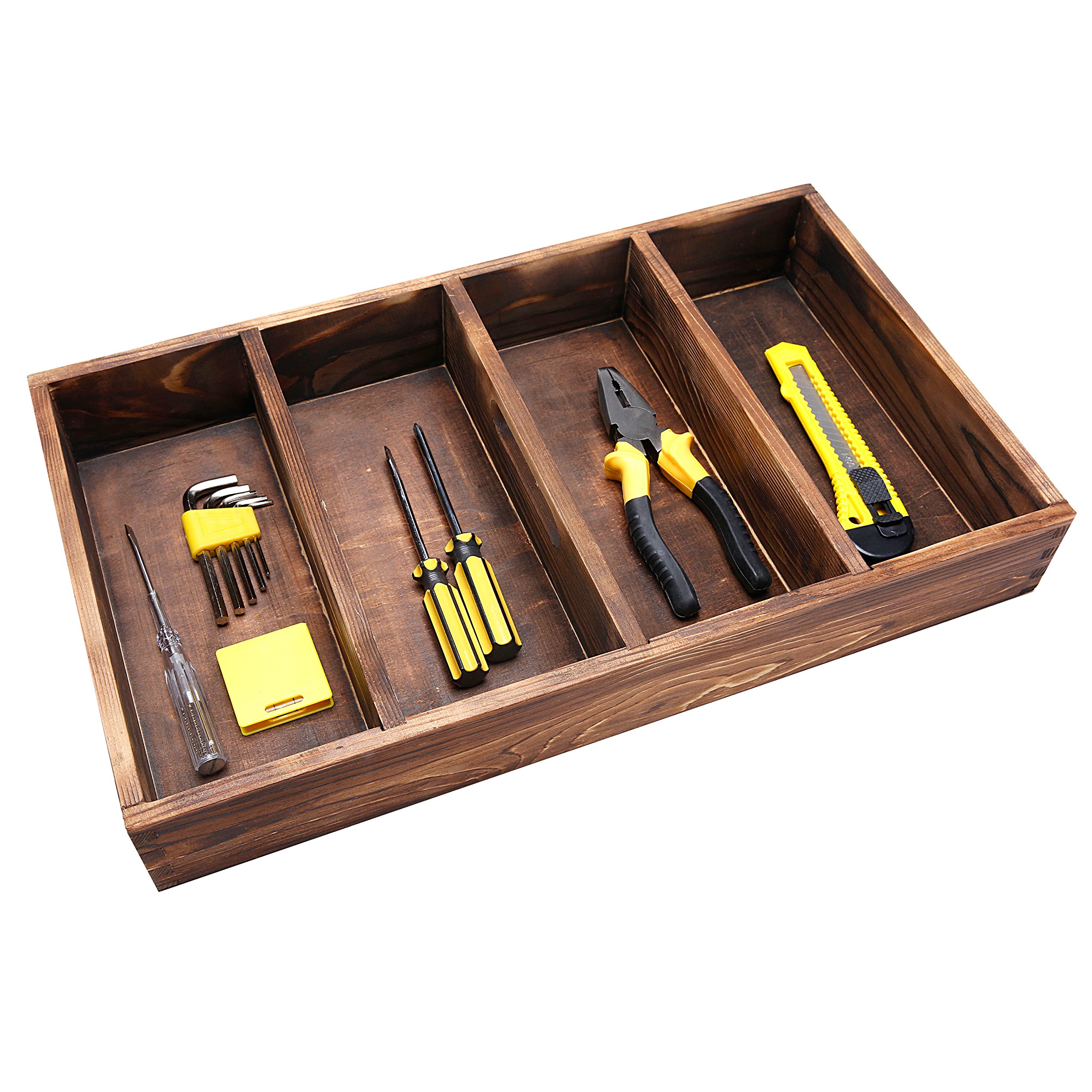 Bandeja organizadora de cajones de madera quemada con 4 ranuras, utensilios multiusos, cubiertos, contenedor de madera para herramientas 3
