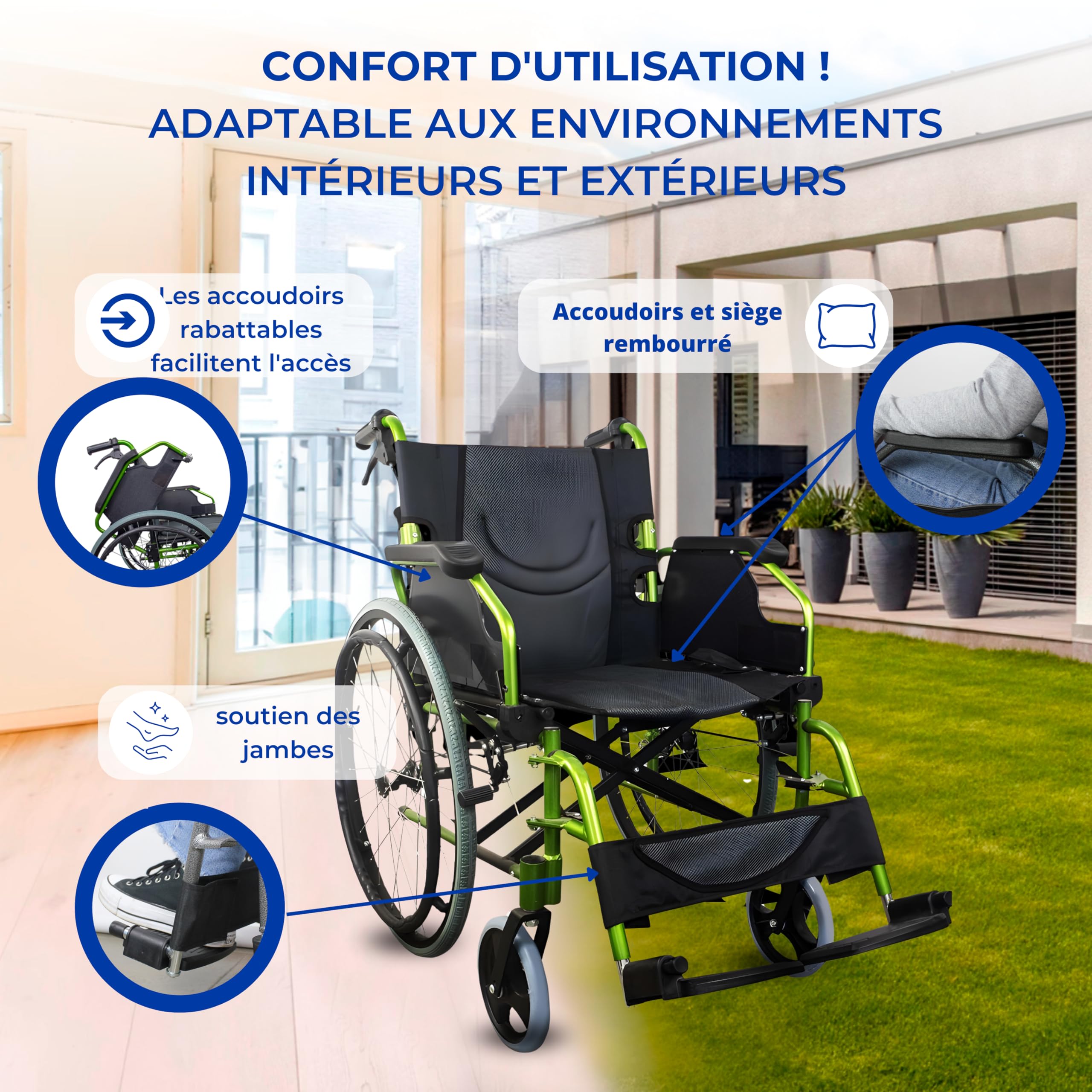 Mobiclinic®, Bolonia, Fauteuil roulant, Pliable et léger, Aluminium, Dossier divisible, Repose-pieds amovible, Pliables, Accoudoirs pliants, Pour adultes, Vert