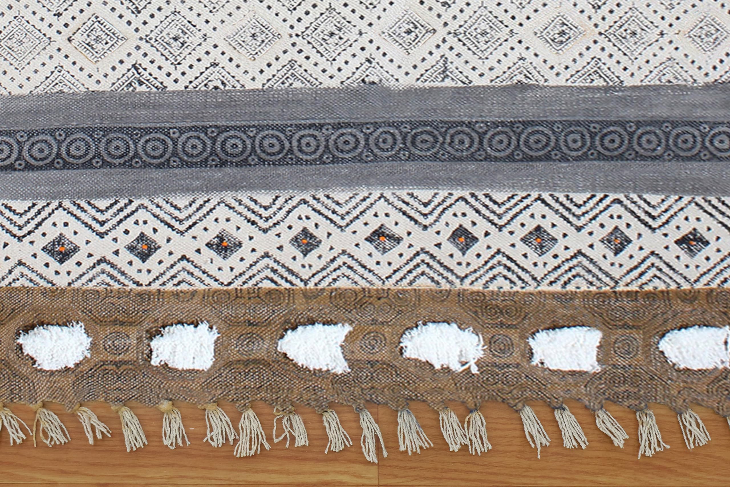 Baumwoll-Läufer, 6,6 x 61 cm, Kelim-Läufer, Handwäsche, Braun / Schwarz, geometrisches Design, handbedruckt, Baumwolle, Dhurrie-Boho-Teppich, 0,5 cm dick, für drinnen und draußen, Flachgewebe, für