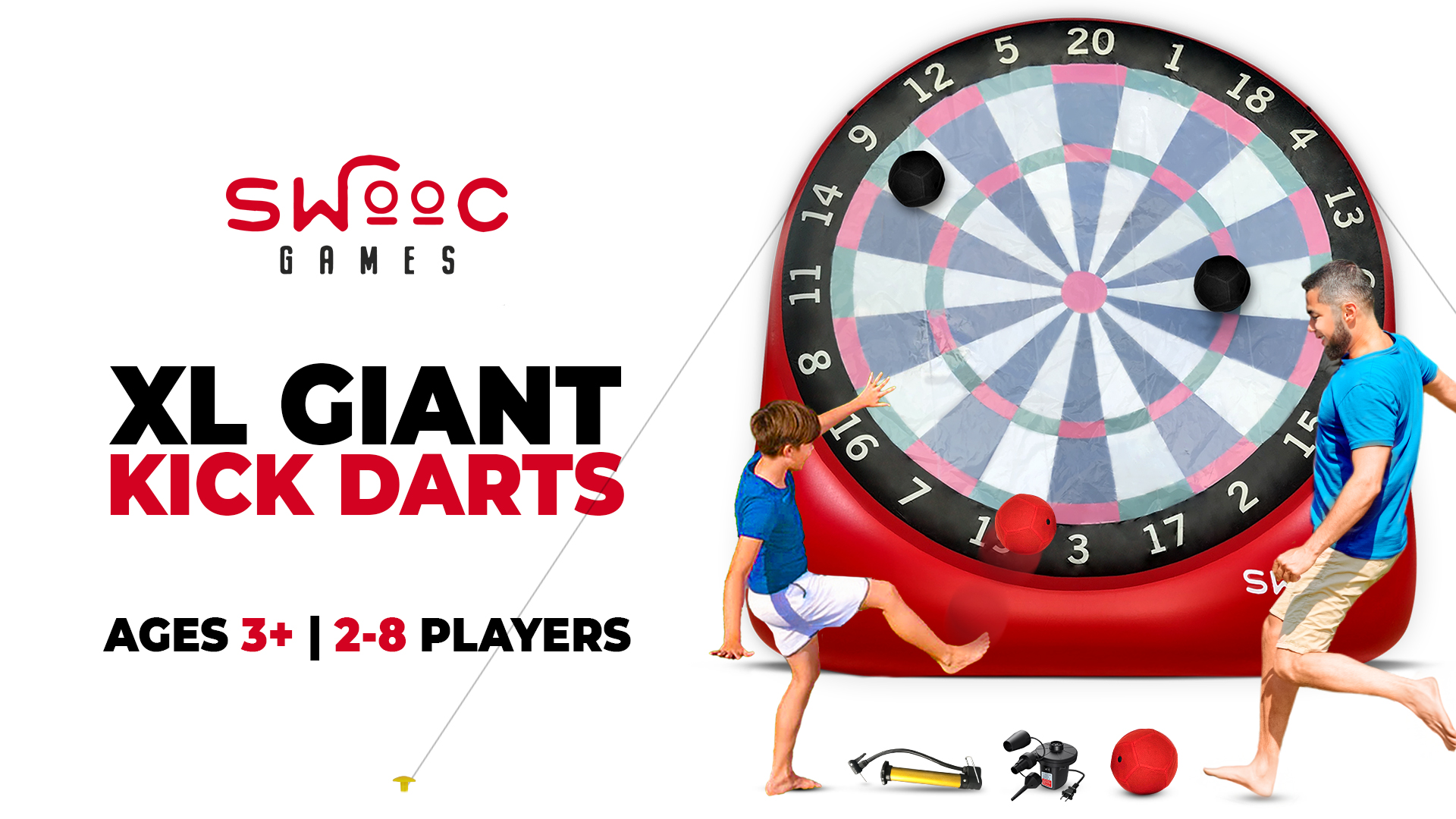 Swooc Games - Premium Inflatable Giant Kick Darts (15  Ways to Play) - Jumbo Soccer Dartboard with Air Pump - Big Carnival Games - Giant Outdoor Games - Oversized Dart Board Yard & Lawn Game