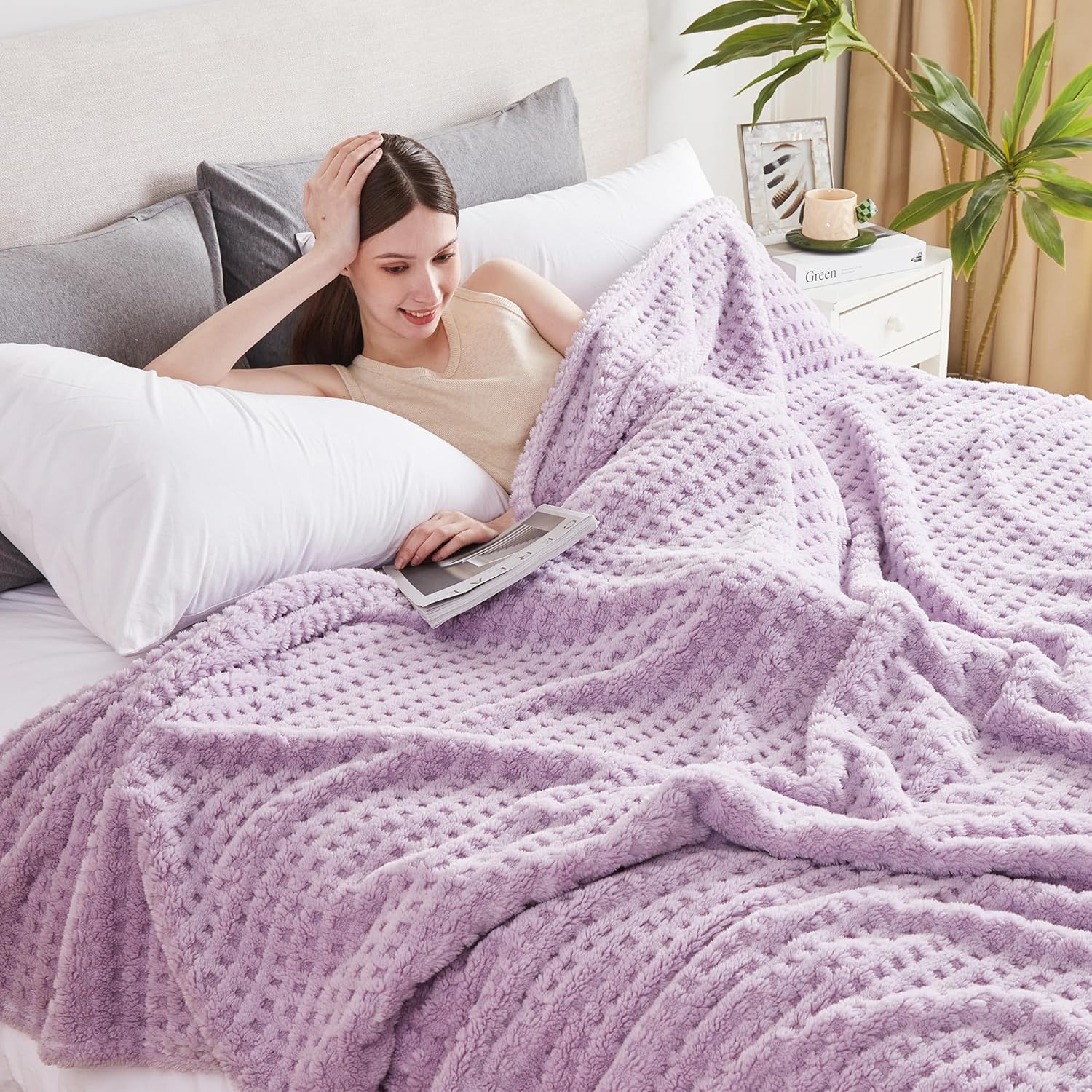 Soft Cozy Fuzzy Fleece Throw Blanket, Waffle Lavender Fog, 50x60 Inches – Lightweight, Fluffy, and Warm 3D Jacquard All-Season Blanket for Couch, Bed, Sofa, Home Decor, Camping, and Travel
