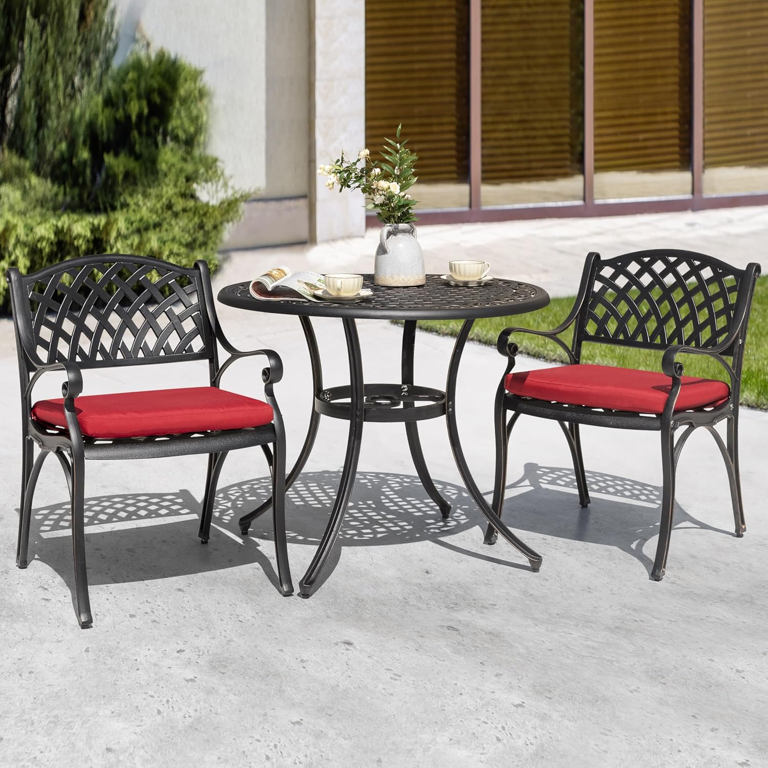 NUU GARDEN 35 Inch Patio Dining Table with Umbrella Hole, Outdoor Cast Aluminum Bistro Table, Black with Antique Bronze at The Edge