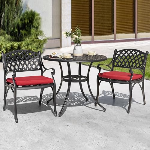 NUU GARDEN 3 Piece Outdoor Bistro Set Cast Aluminum Patio Set Bistro Table Set Rustproof Patio Table and Chairs with Umbrella Hole and Red Cushions for Backyard, Balcony, Front Porch, Black