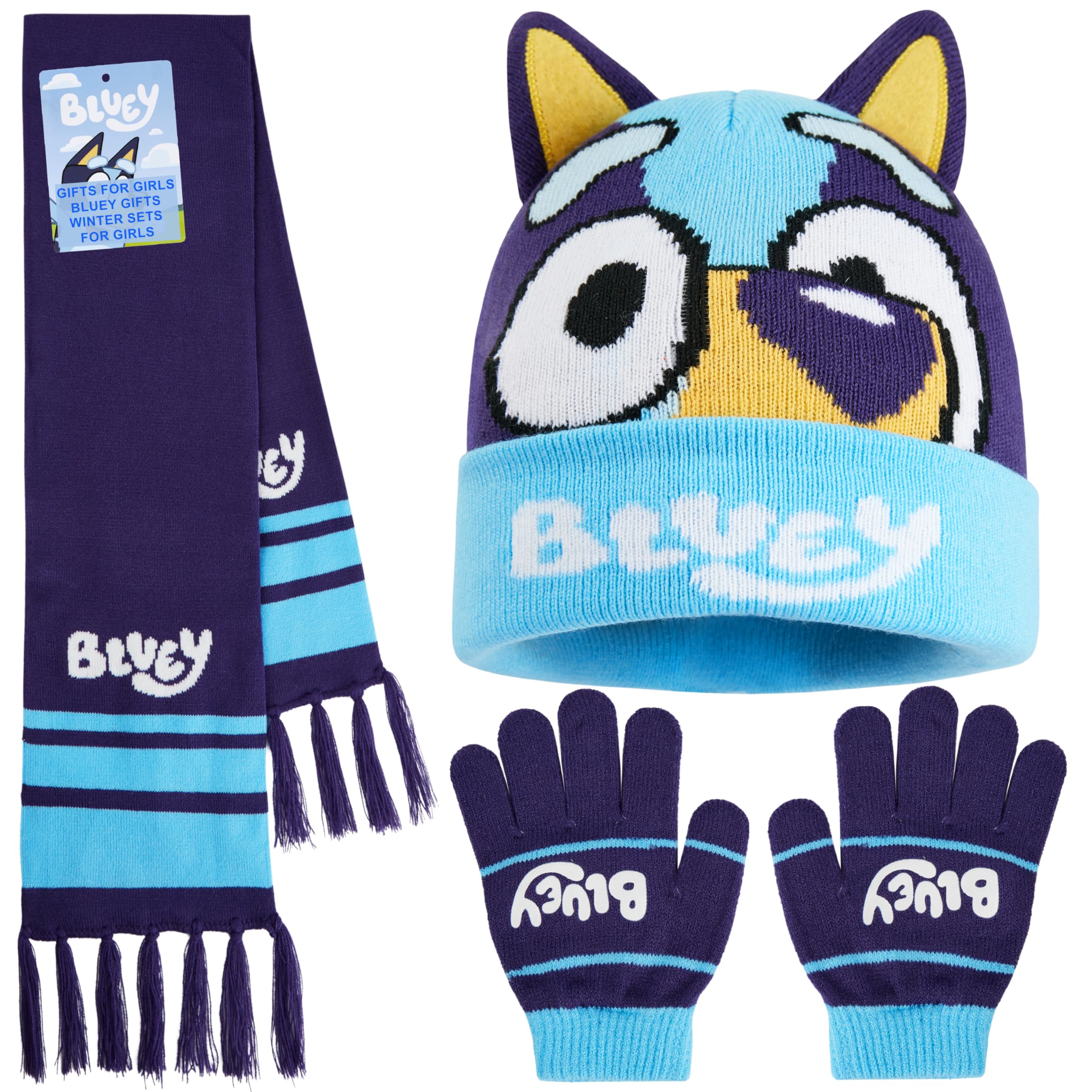 Bluey Winter Hat & Gloves Set for Girls 3-6 Years, 2 or 3 Pcs Warm Cosy Soft Knit Beanie, Gloves & Scarf, Cute Gifts for Kids (Navy 3 Pcs)