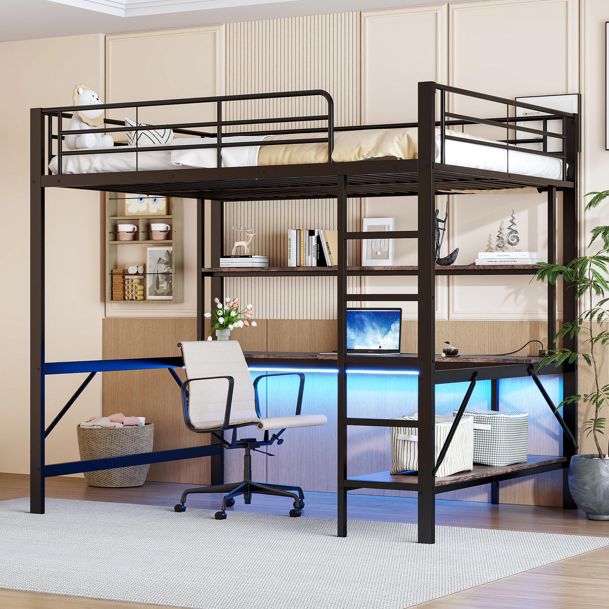 Seyakany cama Mezzanine Infantil 140 x 200 cm, cama Mezzanine de metal de 2 plazas con barreras y escalera, con tomas USB y eléctricas, con iluminación LED, escritorio, varias estanterías, sin colchón