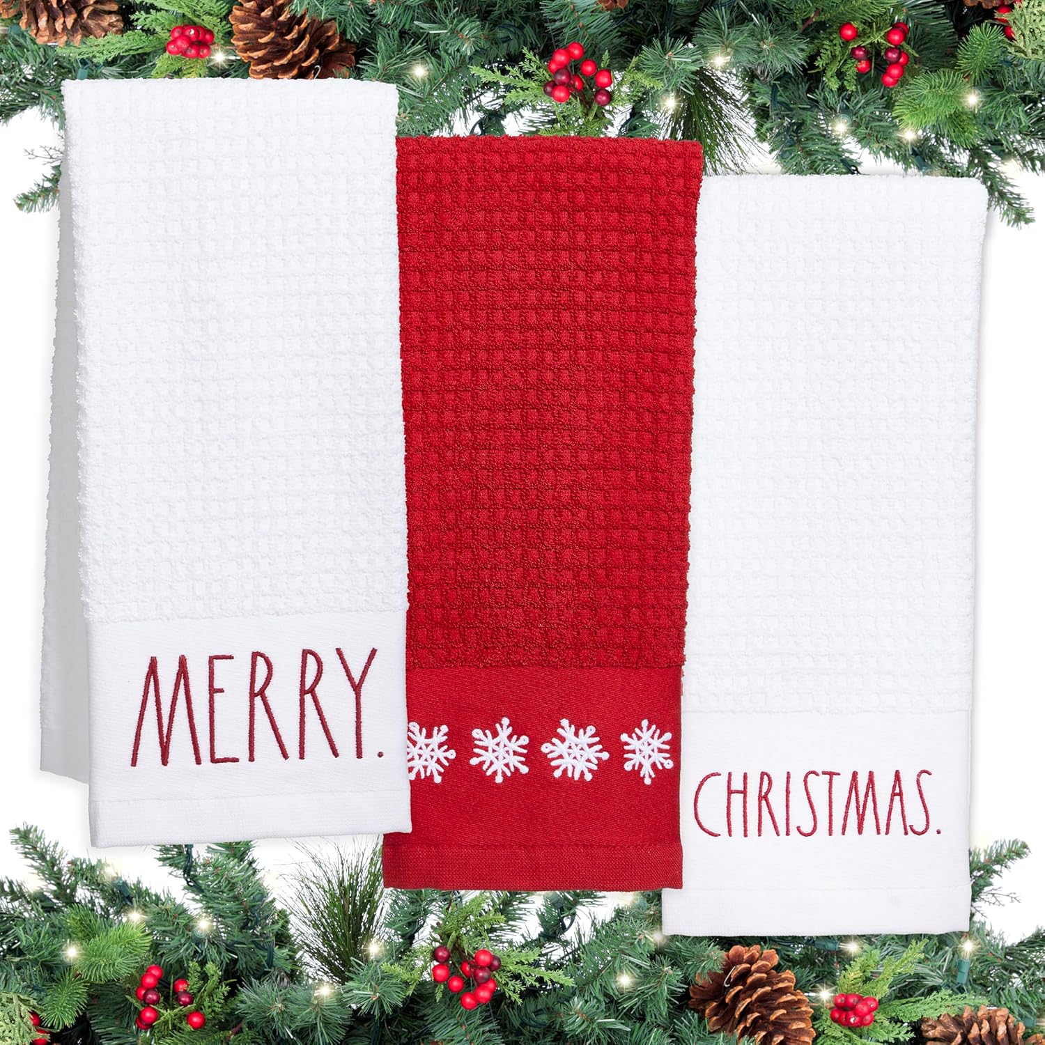 Rae Dunn Set of Hand Towels for Kitchen and Bathroom, 100% Cotton, Embroidered Dish Towels, Decorative Hand Towels, Christmas, 3 Pack
