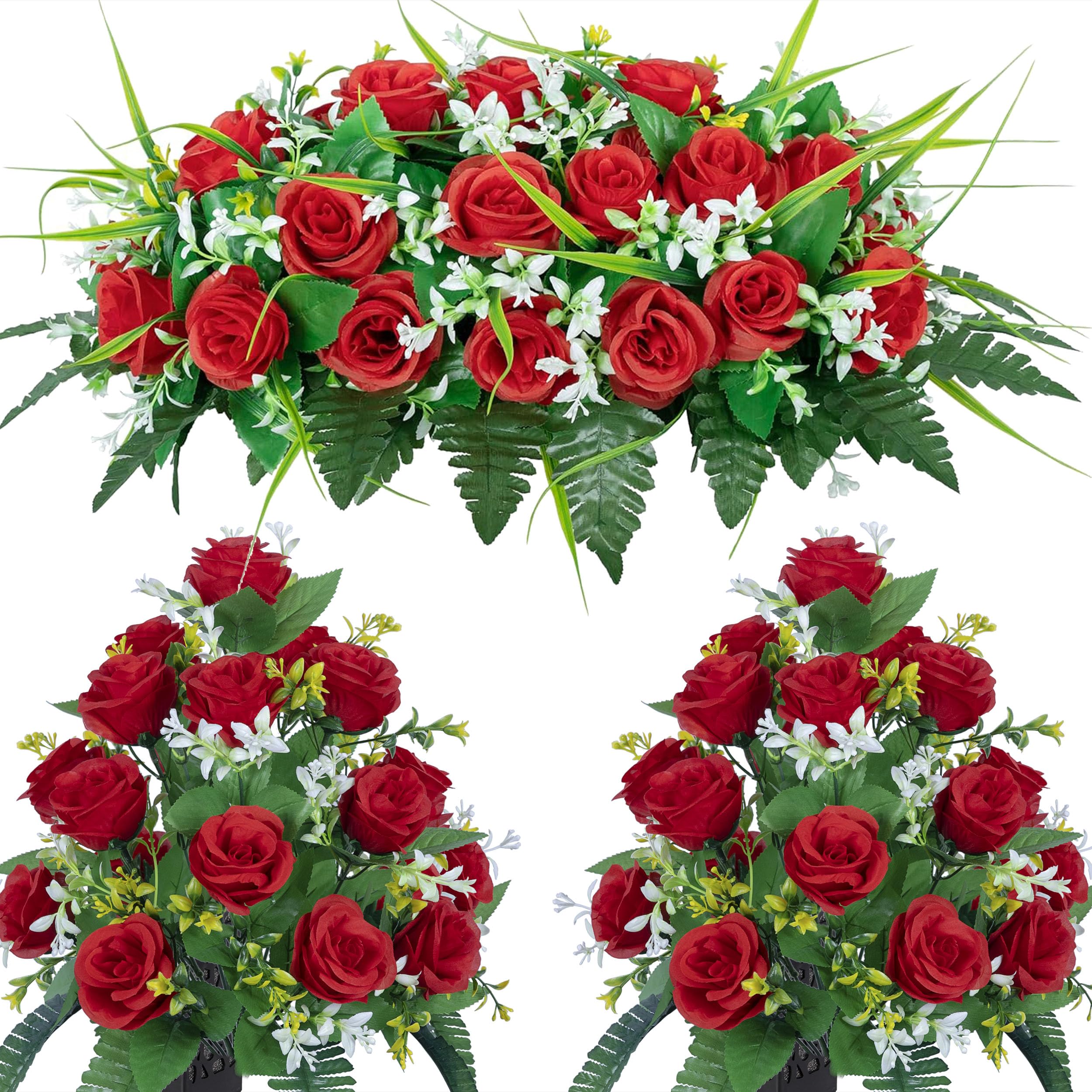 DONODA Cemetery Tombstone red Saddle and 2 Sets of Artificial Cemetery Flowers Suit