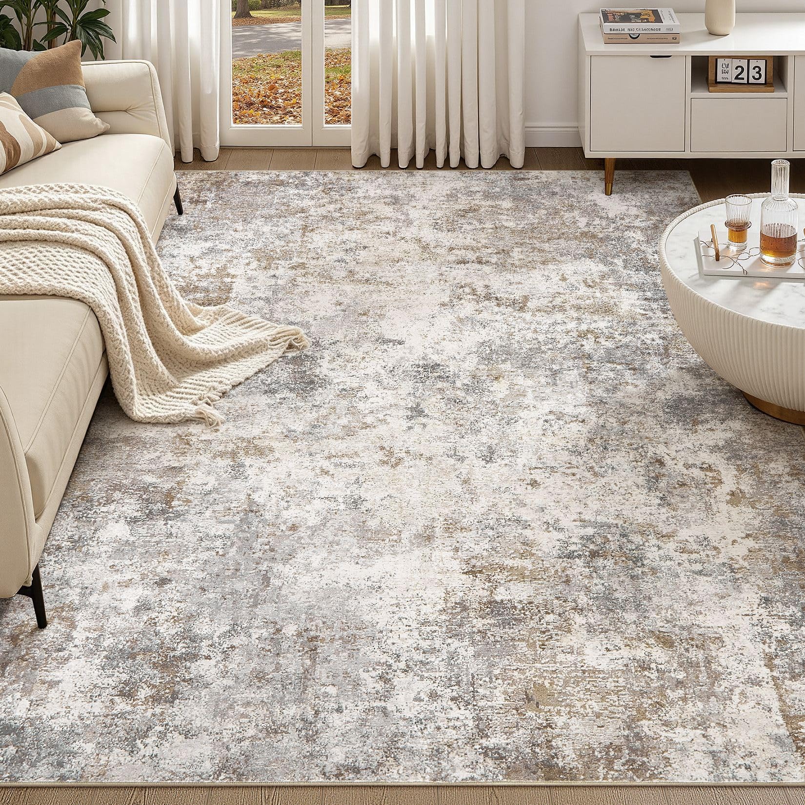 9x12 Area Rug Living Room Rugs Washable Neutral Brown Grey Carpet