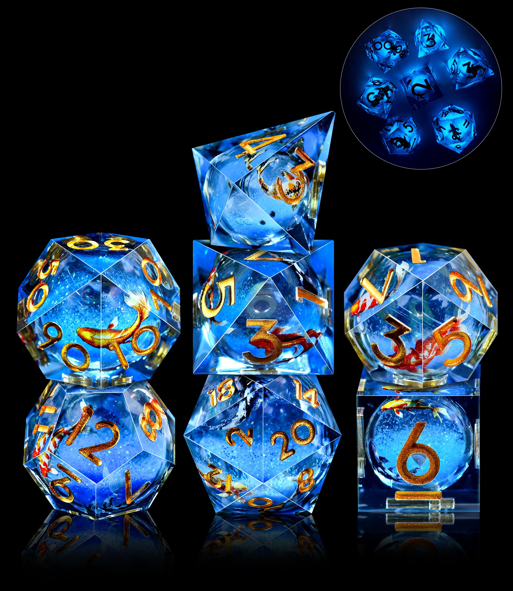 SIQUK 7 Piezas Juego Dados Poliedricos Con Nucleo Liquido Luminosos Dice DND Koi Fish D4 D6 D8 D10 D12 D20 D% para RPG MTG Dungeons and Dragons