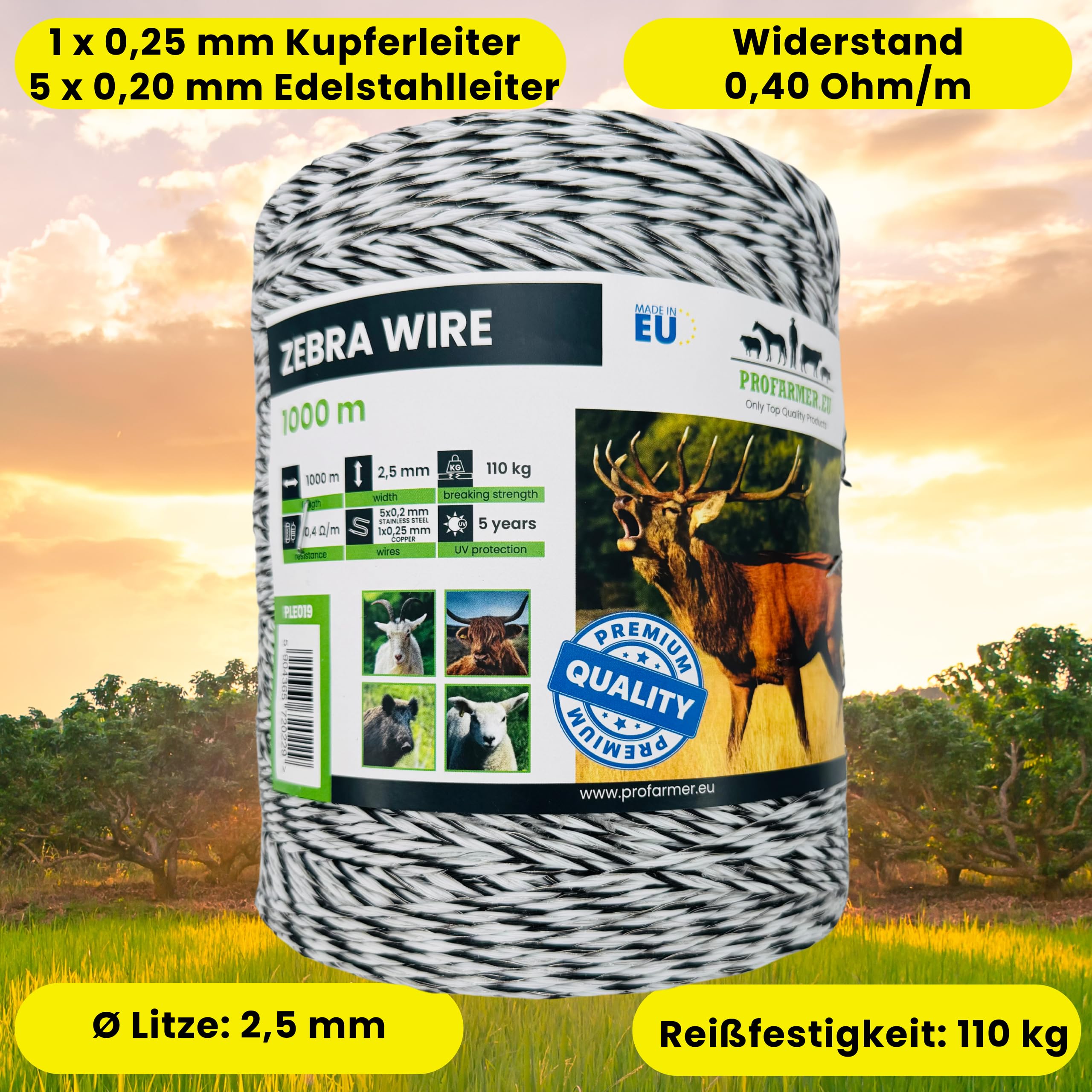Weidezaunlitze ZEBRA 1000m für den Weidezaun Wildschutzzaun mit Kupferleiter Wildschwein Hirsch Rind