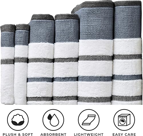Miniatura 3 de Great Bay Home - Juego de toallas de 100 % algodón turco, a rayas, suaves, ultra absorbentes. Colección Noelle.